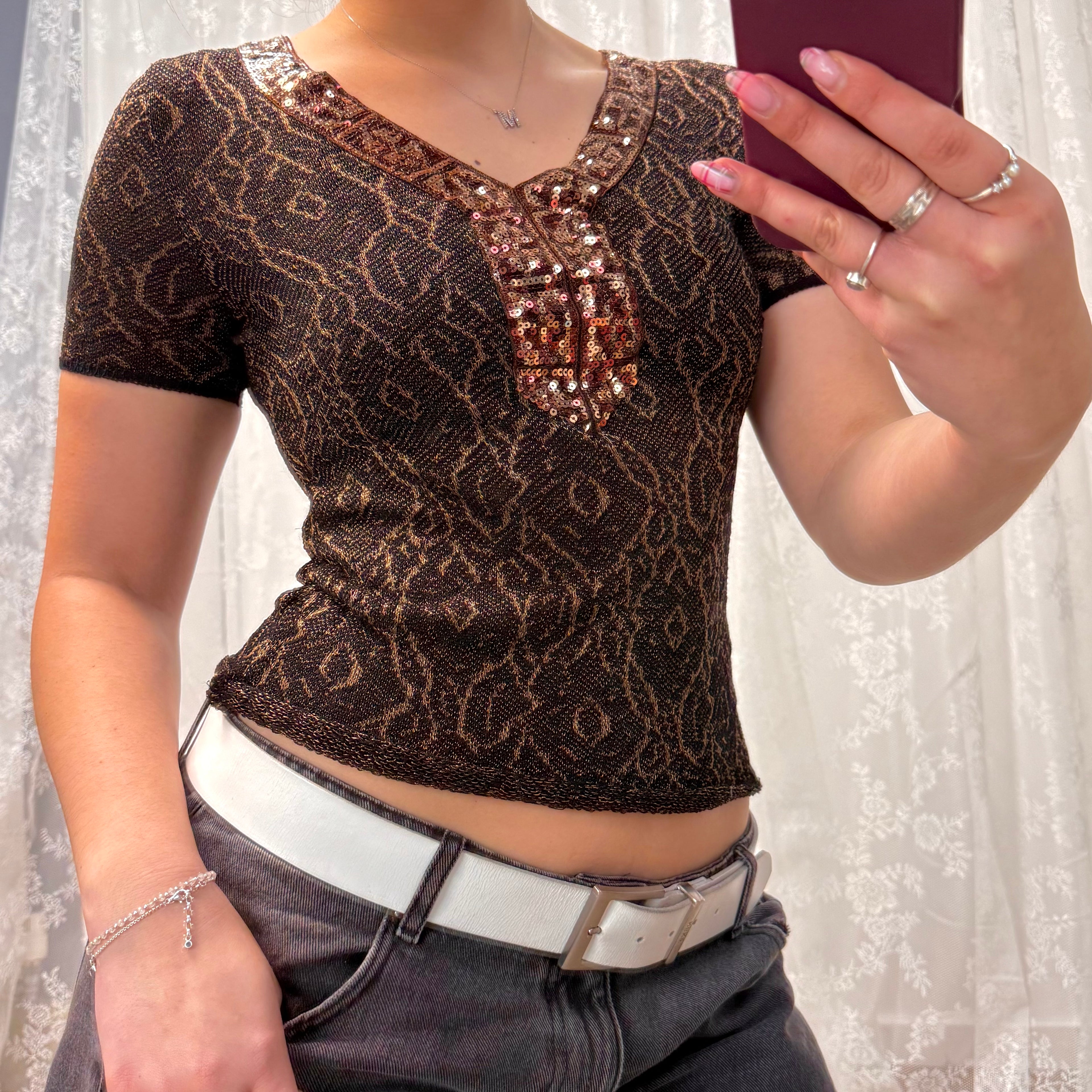 Brown sequin short sleeves knitted top