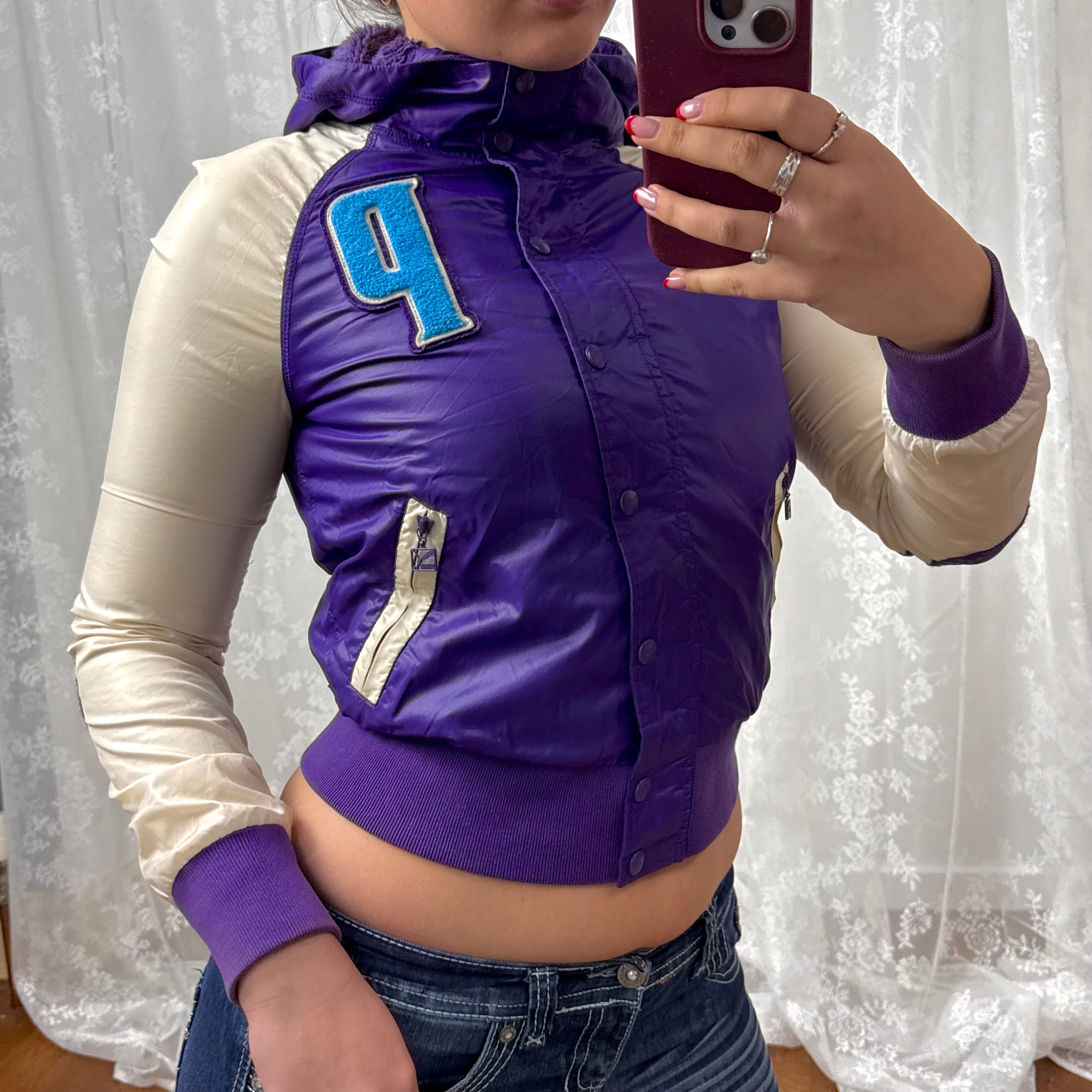 Purple and cream shiny bomber jacket