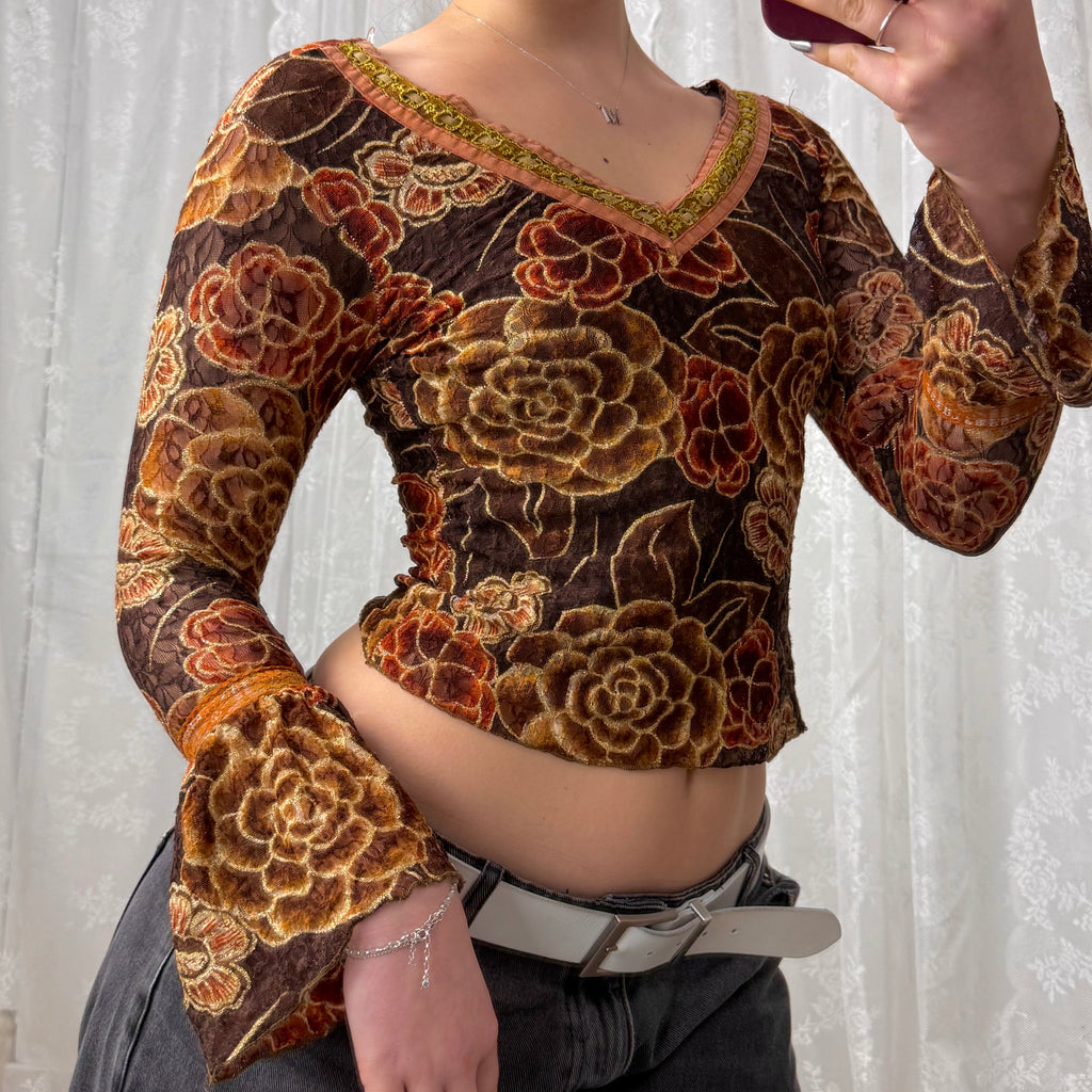 Orange and brown detailed glittery long sleeved top