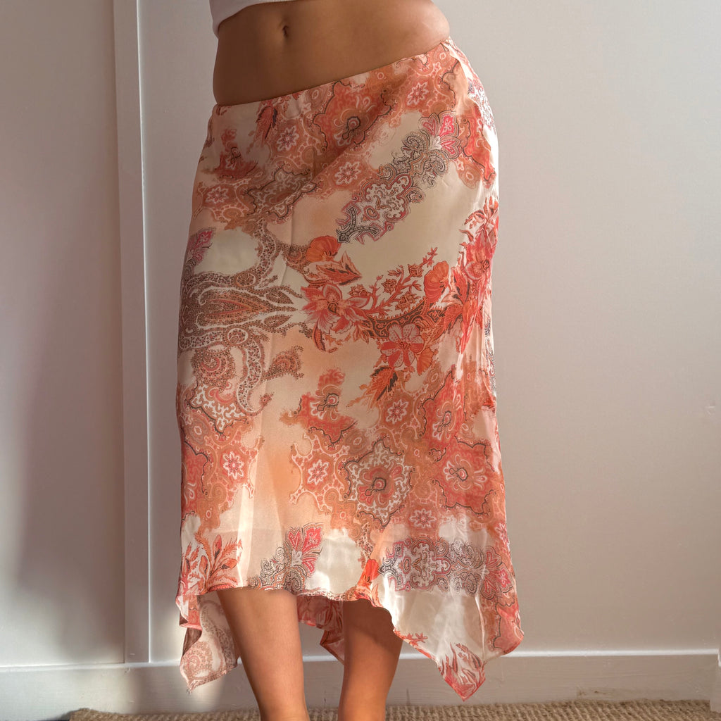 Orange paisley patterned mesh midi skirt