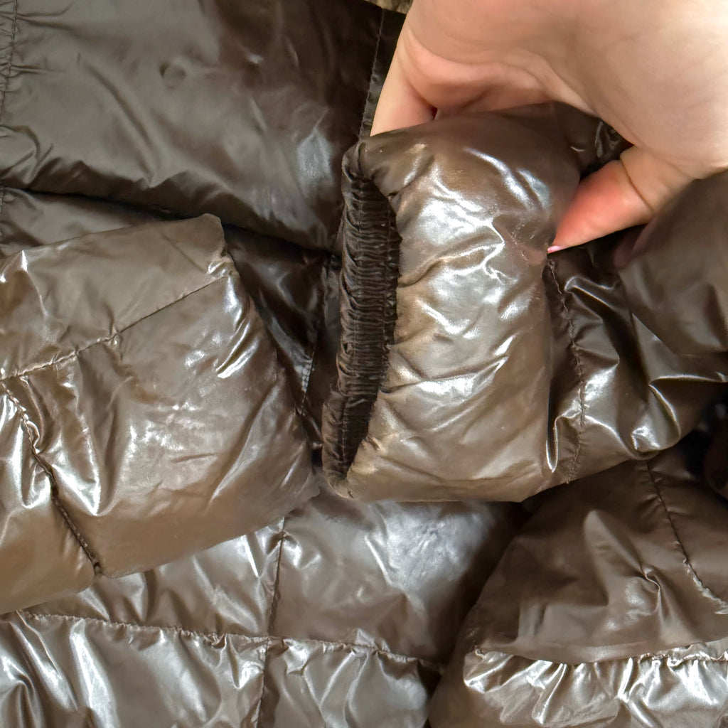 Brown shiny puffer jacket with gold embroidery