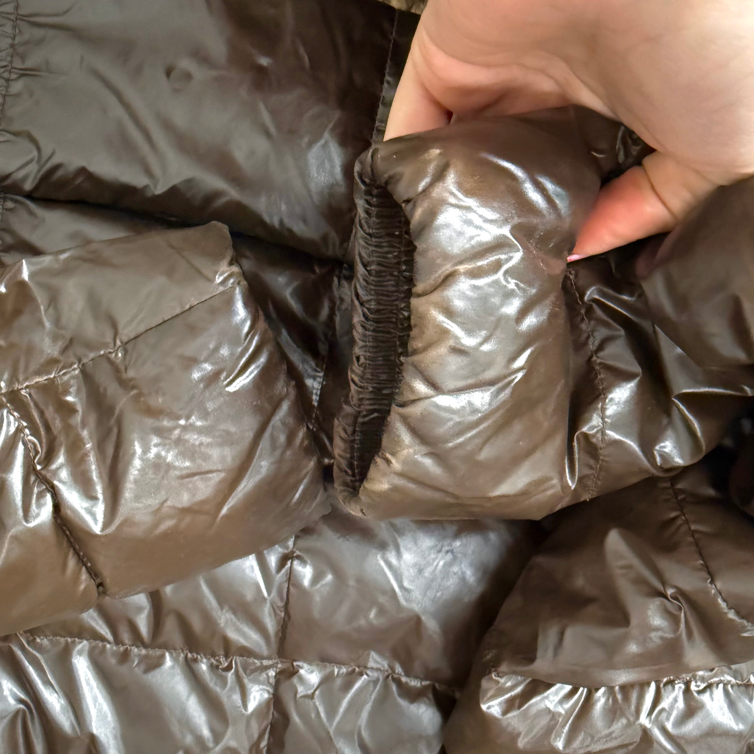 Brown shiny puffer jacket with gold embroidery