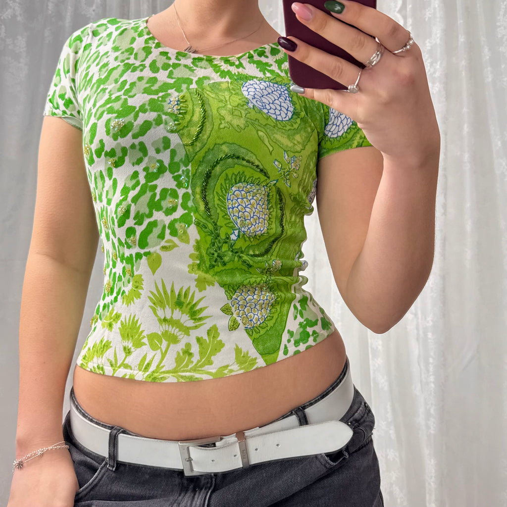 Green and white sequin baby tee