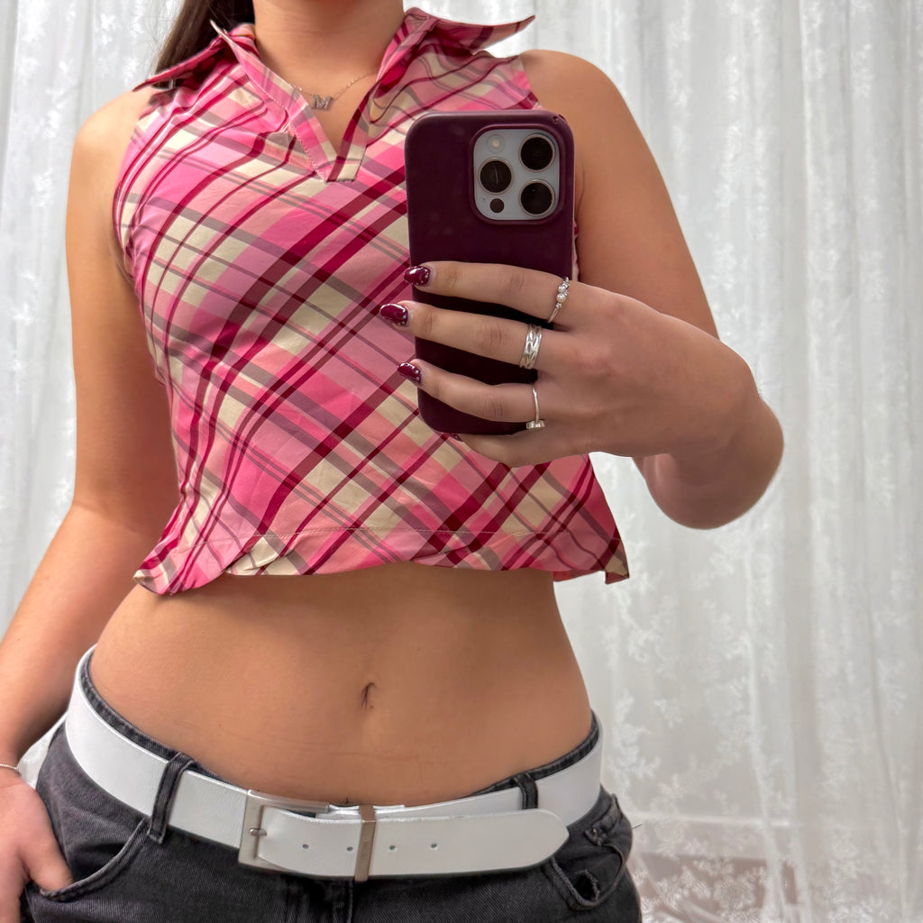 Pink checkered crop top with collar