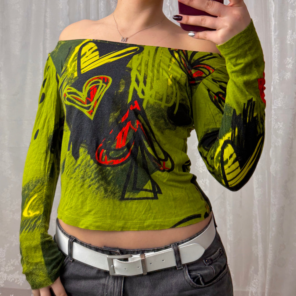 Green patterned off the shoulder long sleeved top