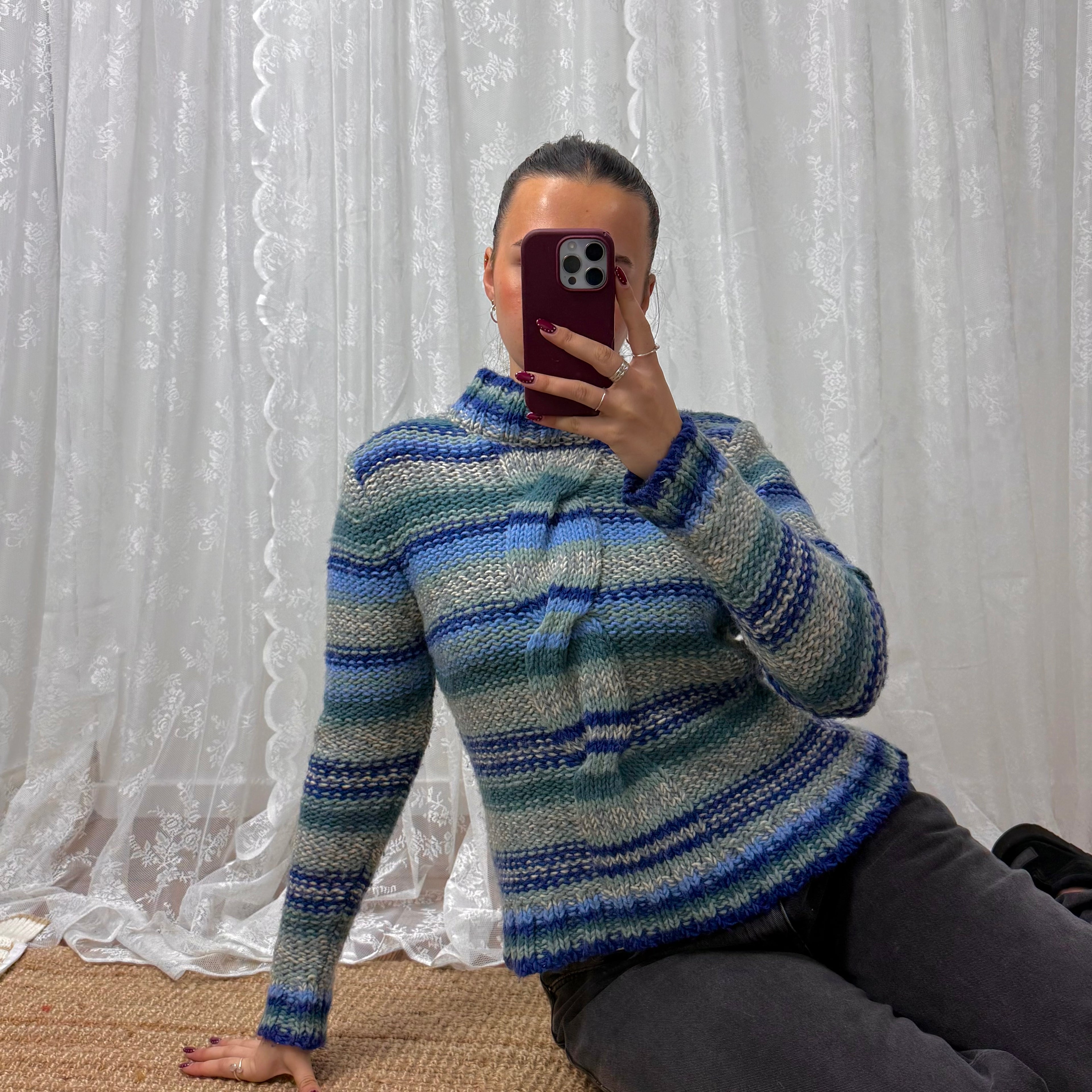 Blue and grey knit jumper with rope style detailing