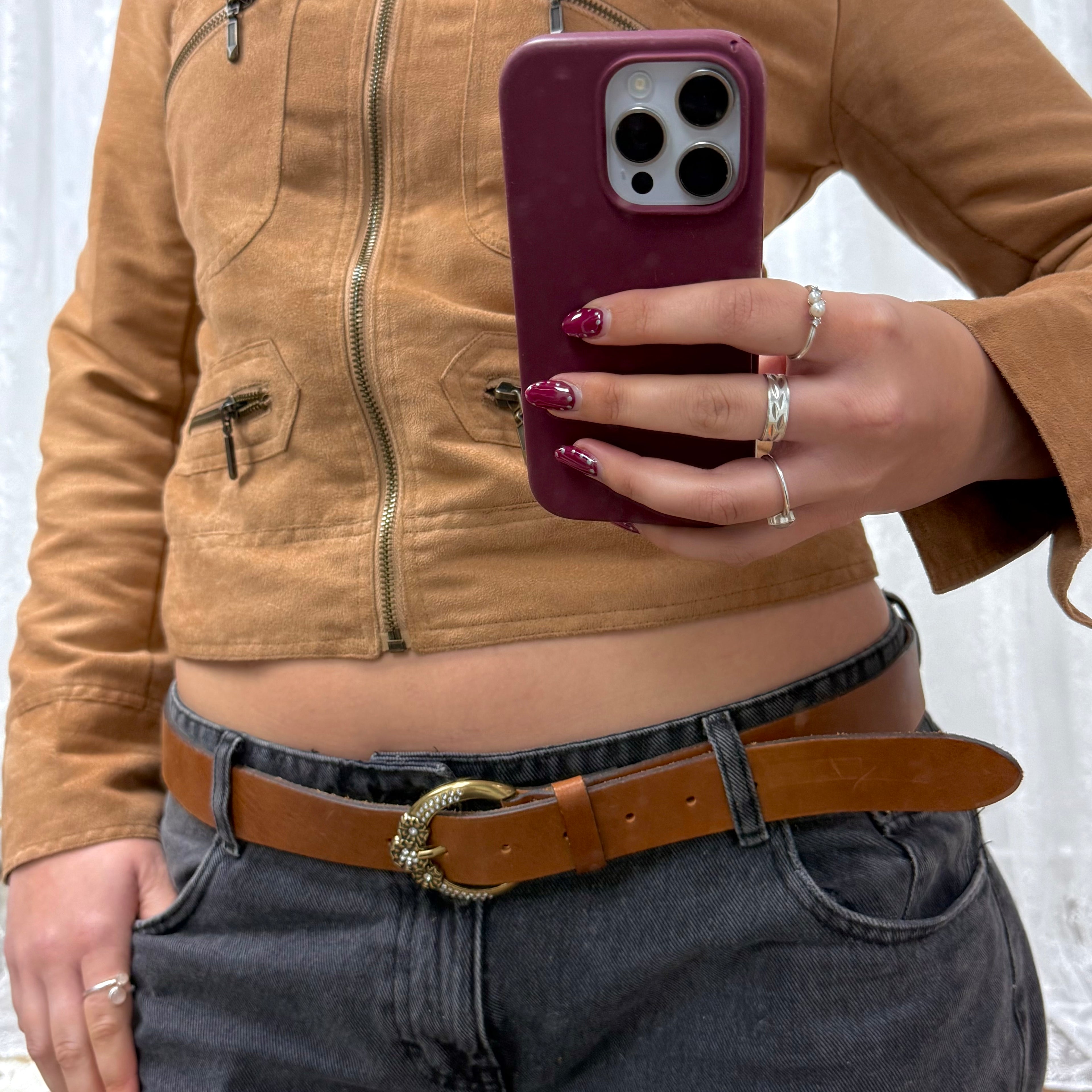 Tan leather diamanté buckle belt