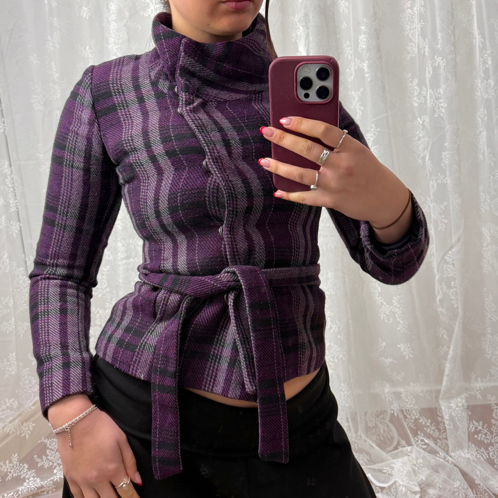 Purple plaid tie waist jacket