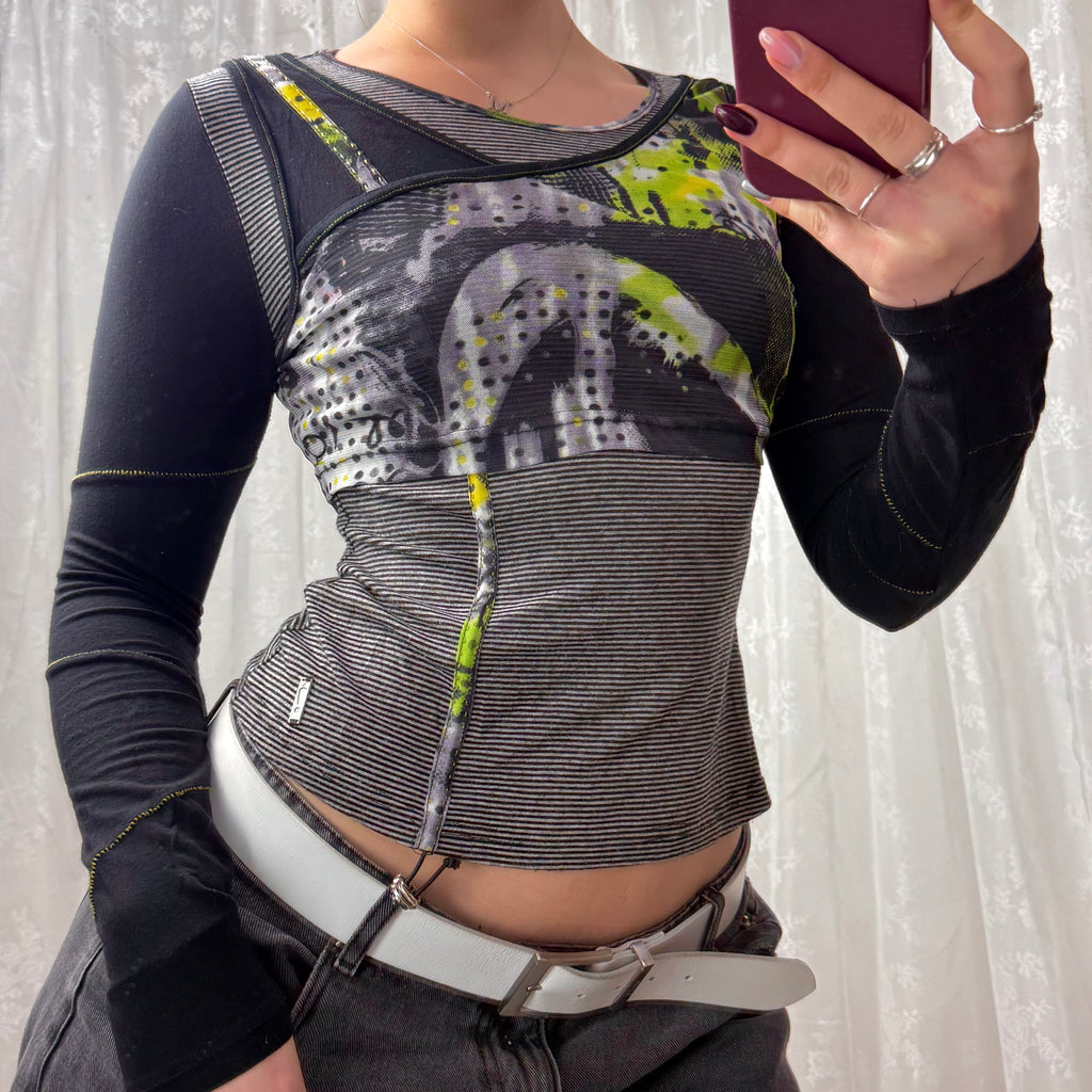 Grey and black long sleeved top with mesh and ruching
