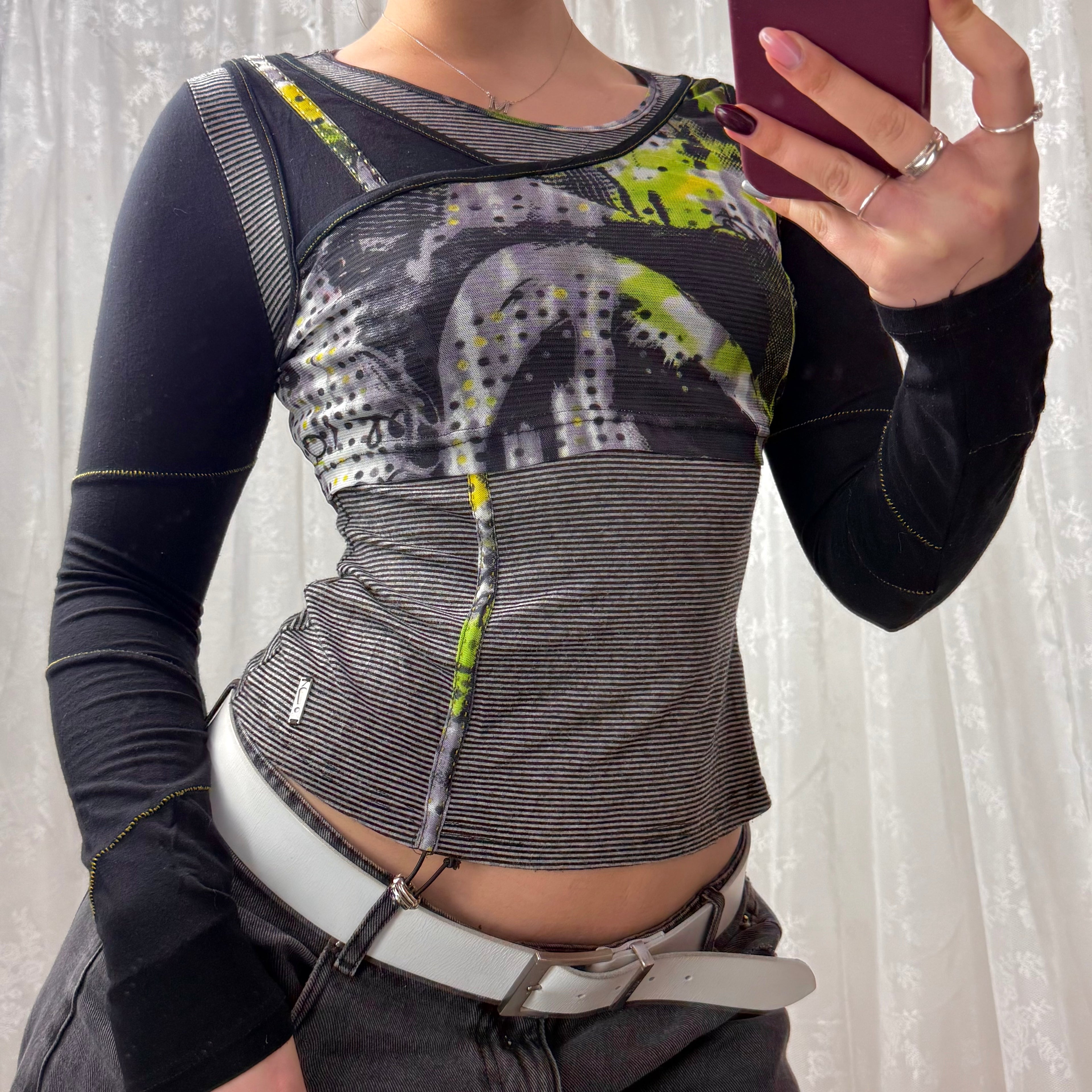 Grey and black long sleeved top with mesh and ruching