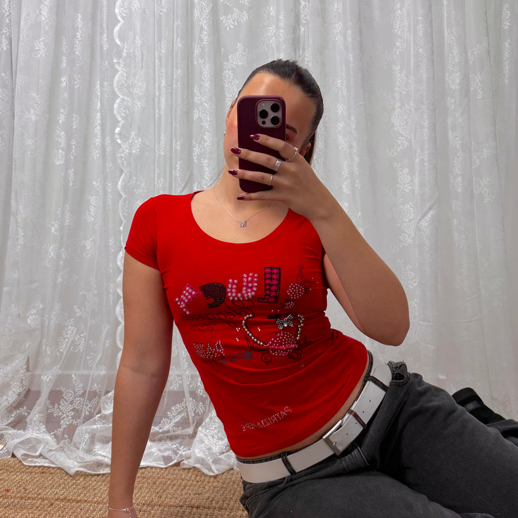 Red detailed sequin baby tee