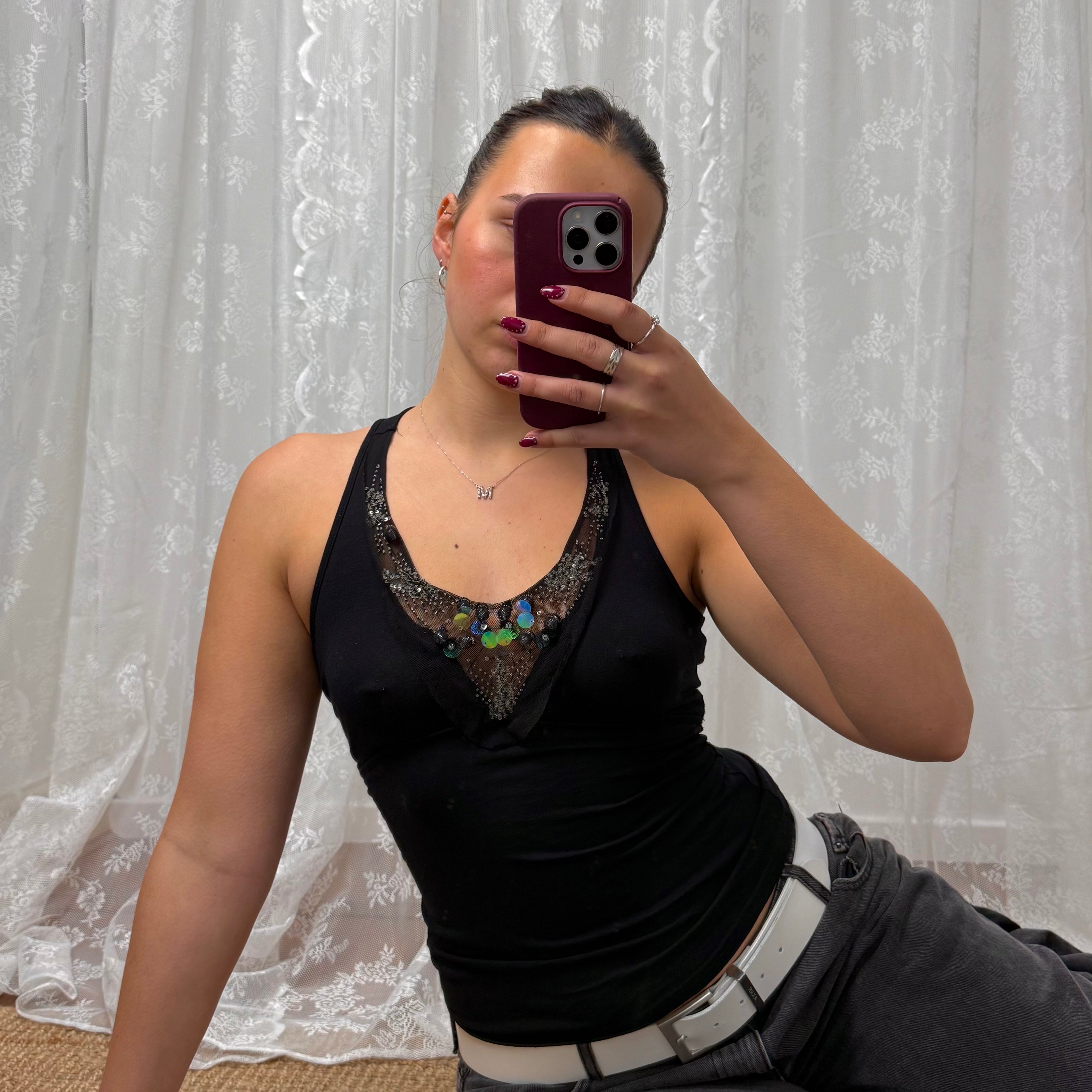 Black beaded cami top with tie back