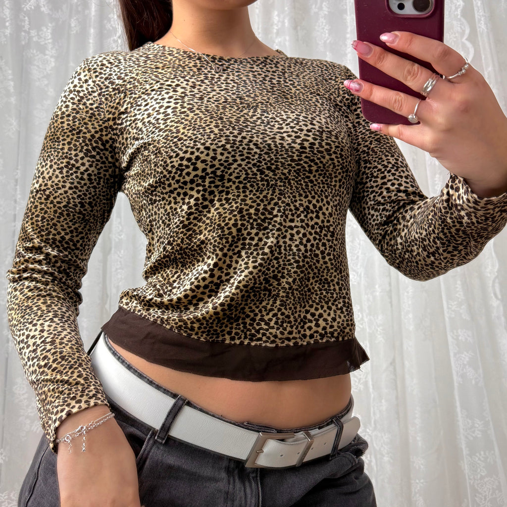 Leopard print velvet and mesh long sleeves top