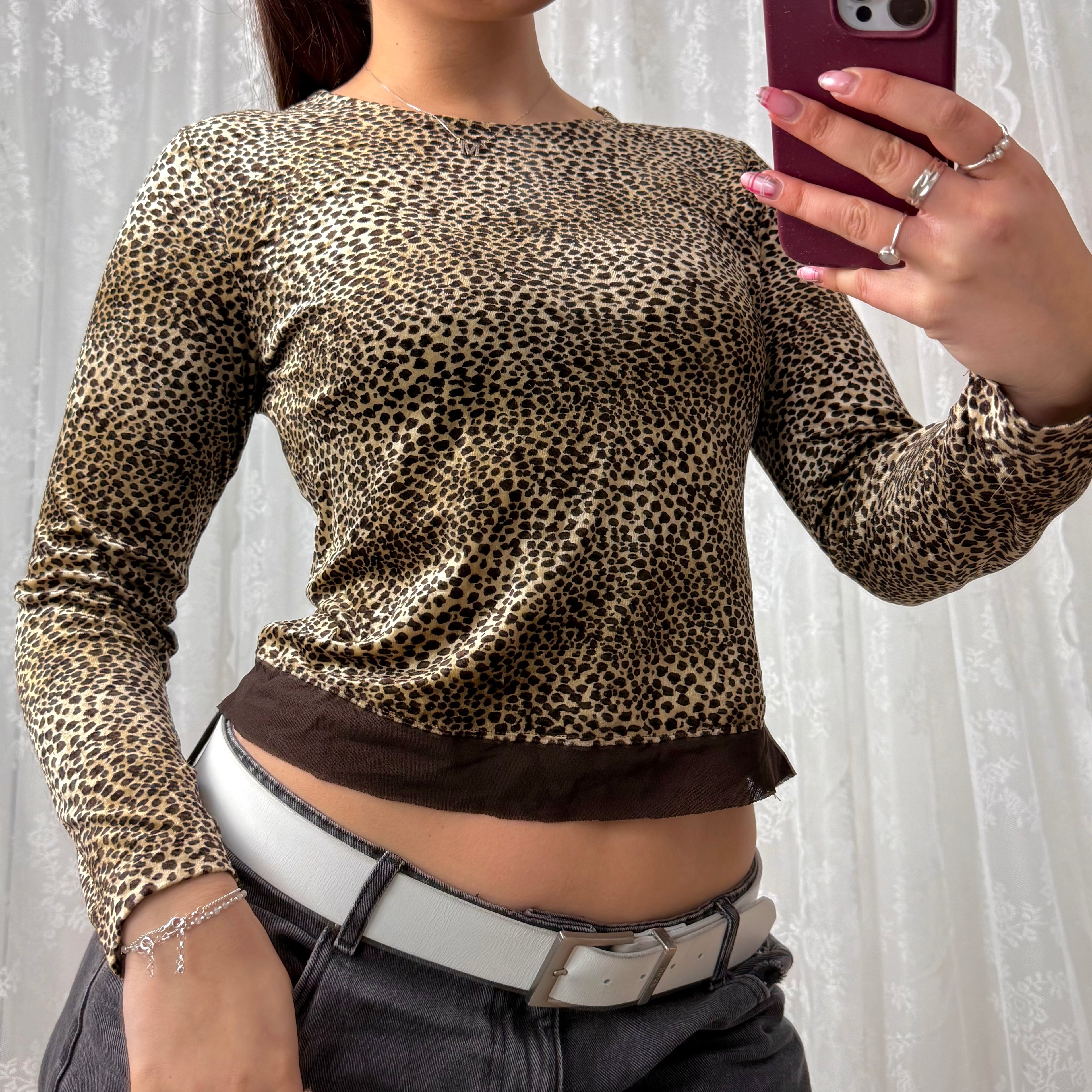 Leopard print velvet and mesh long sleeves top