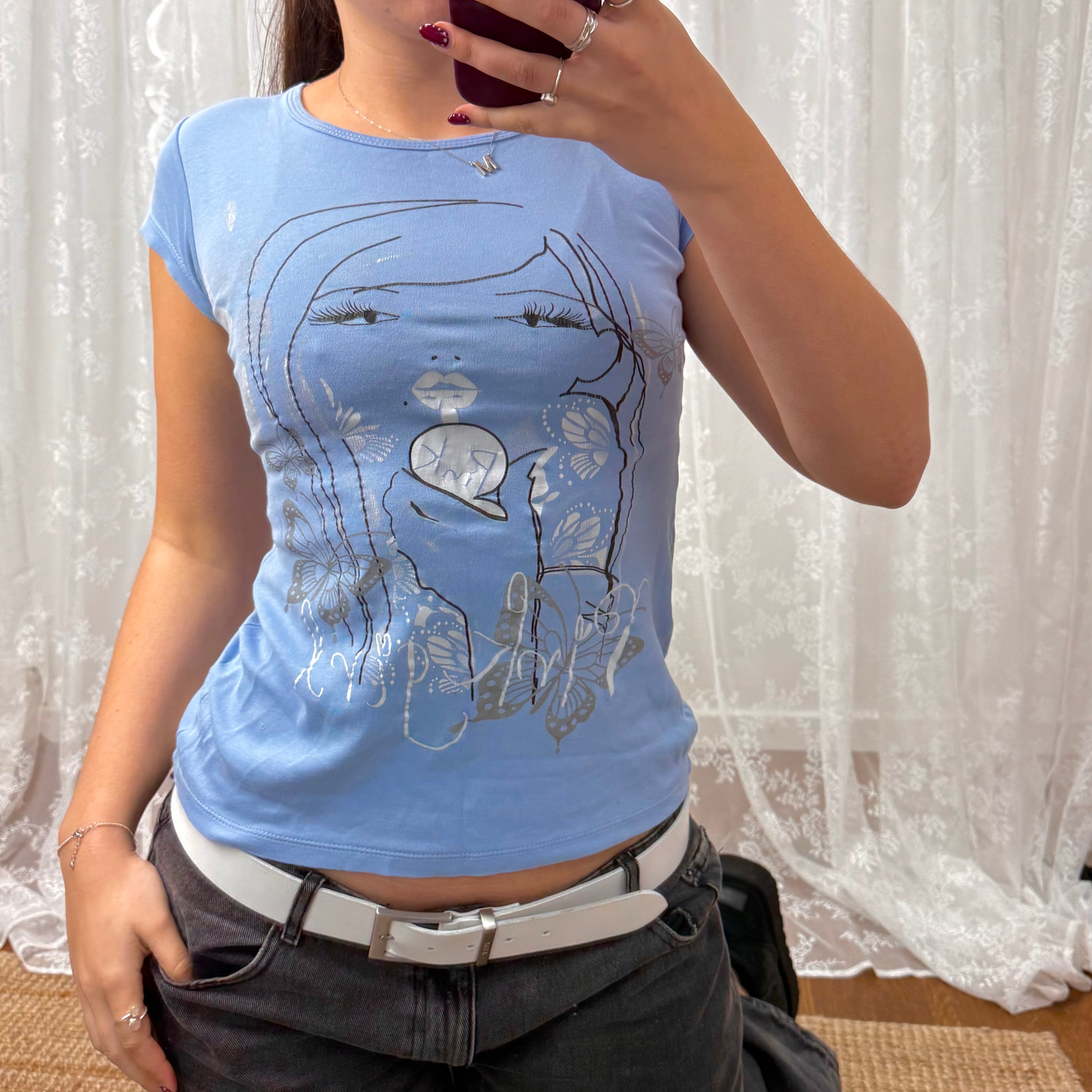 Blue and silver graphic baby tee