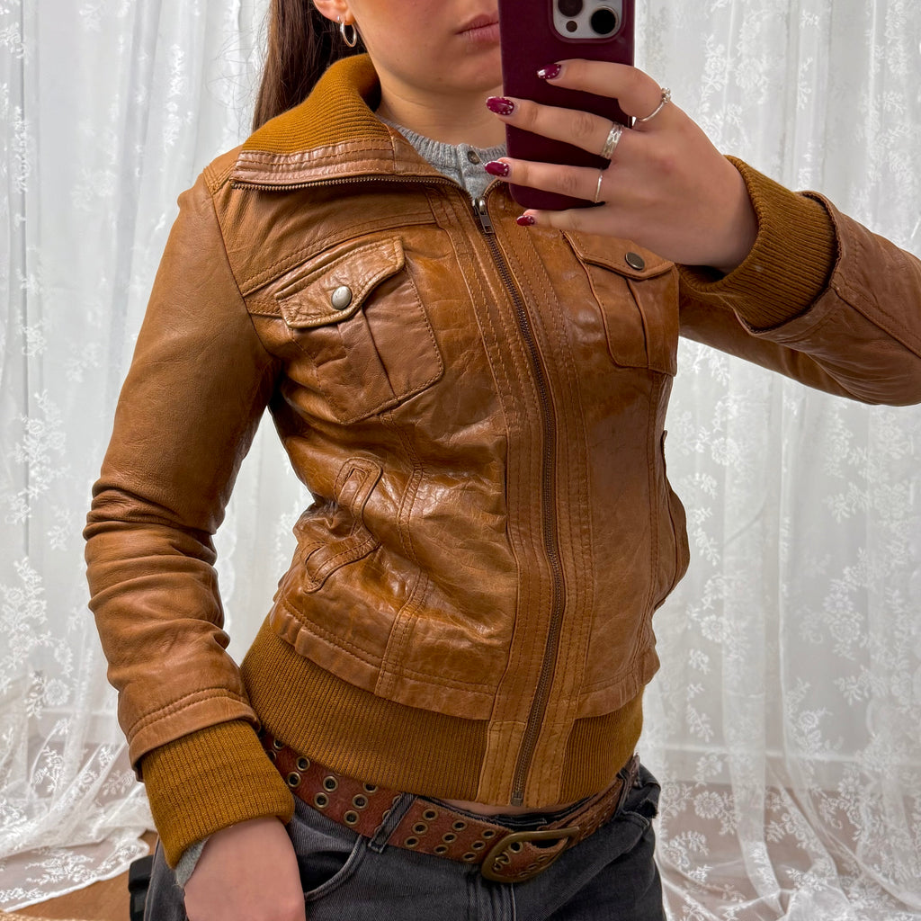 Brown/tan leather bomber Jacket