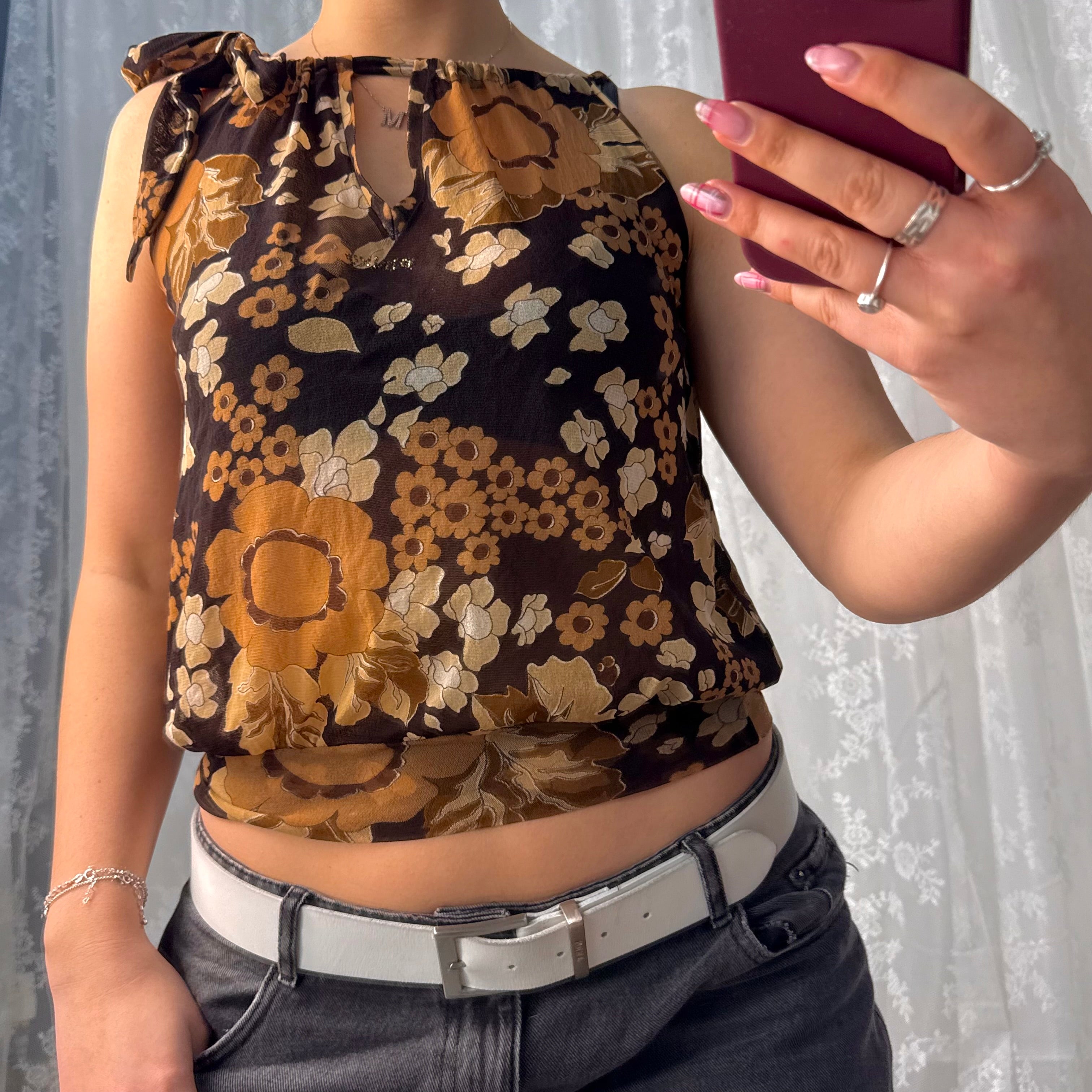 Brown mesh patterned bubble top