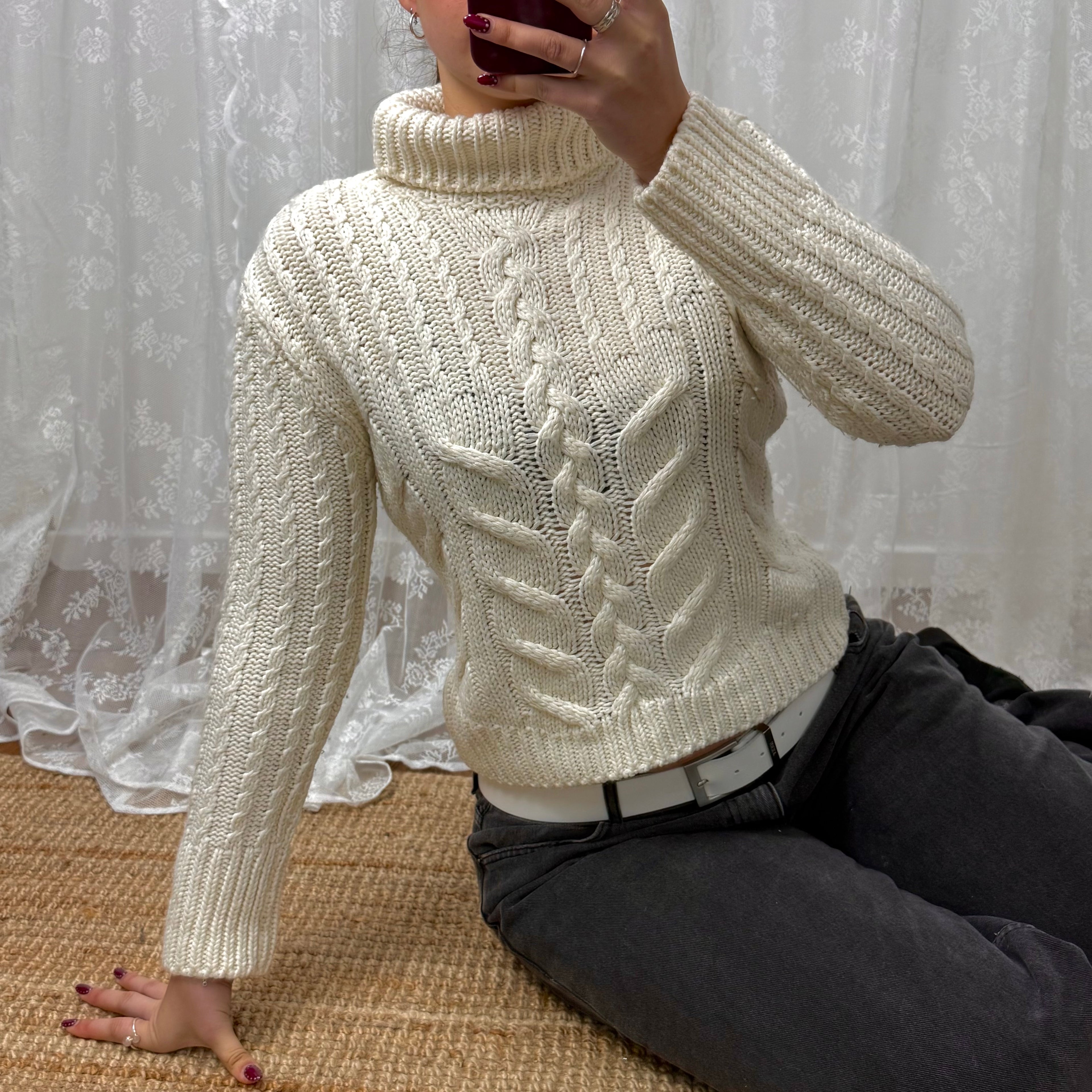 Cream cable knit turtleneck sweater