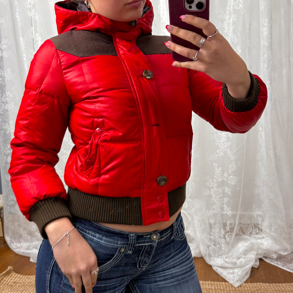 Brown and red puffer jacket