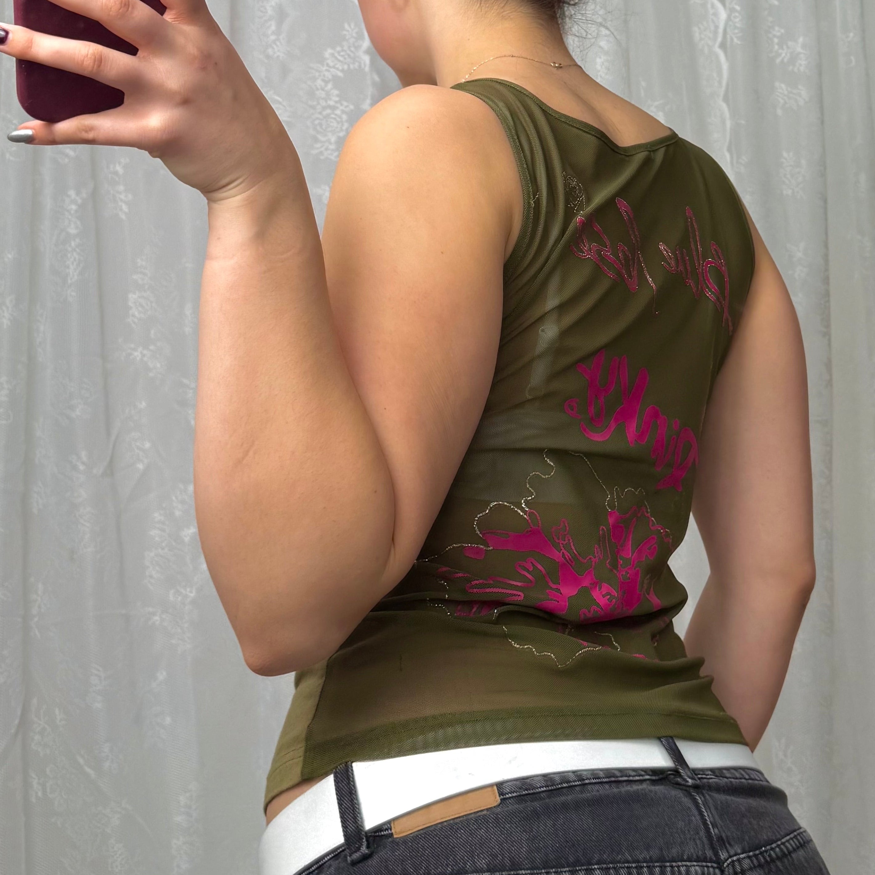 Green and pink tank top with mesh back
