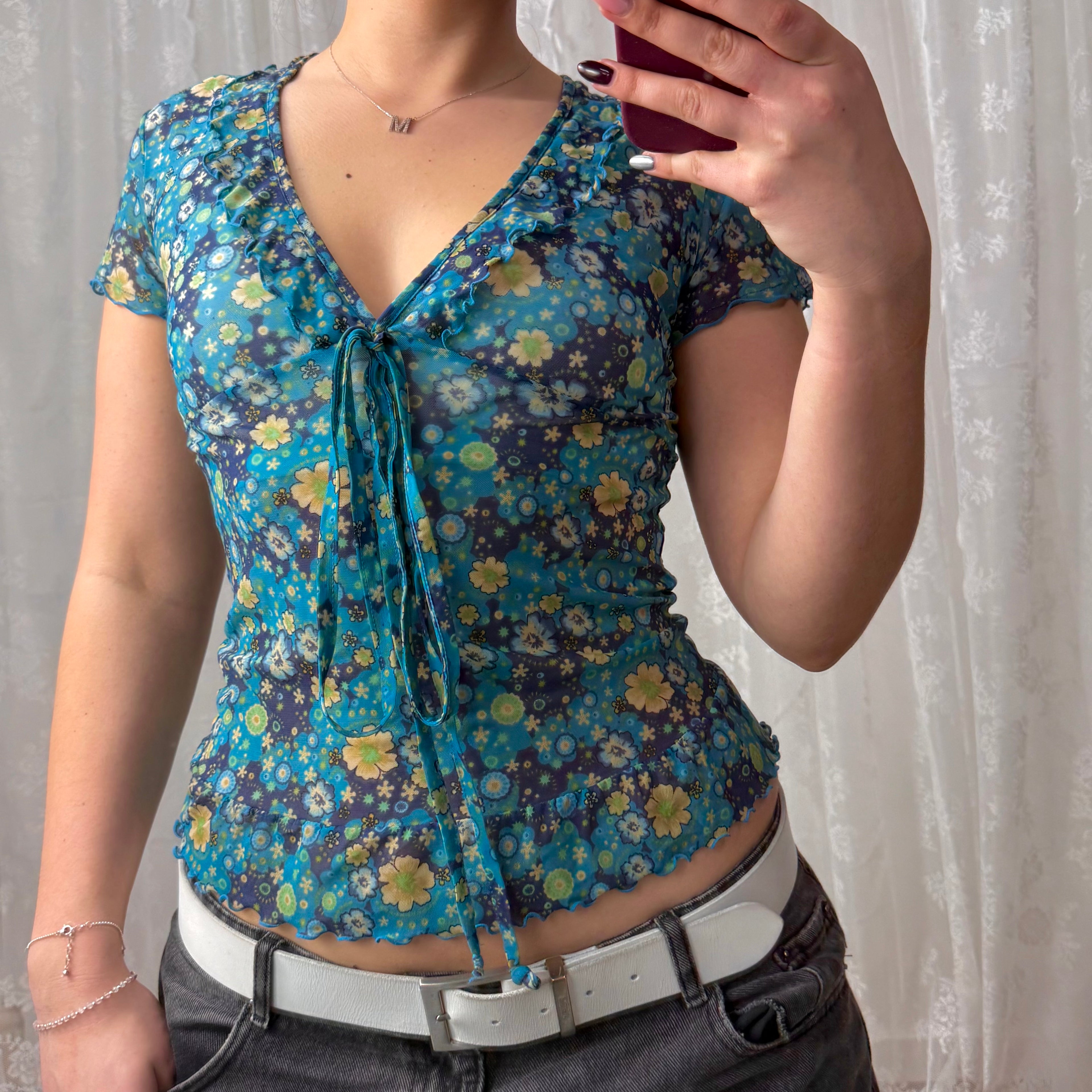 Blue mesh short sleeved floral top