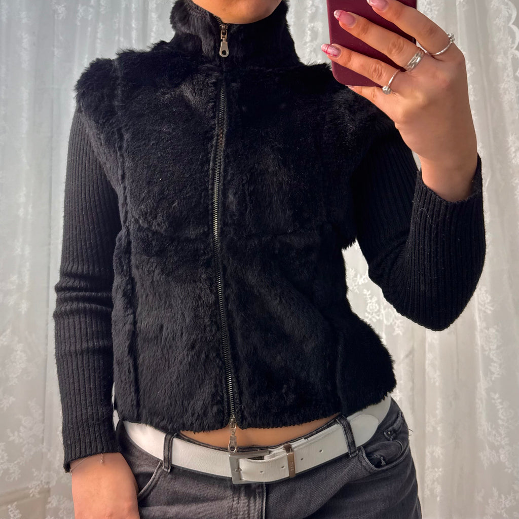Black fur double zip sweater