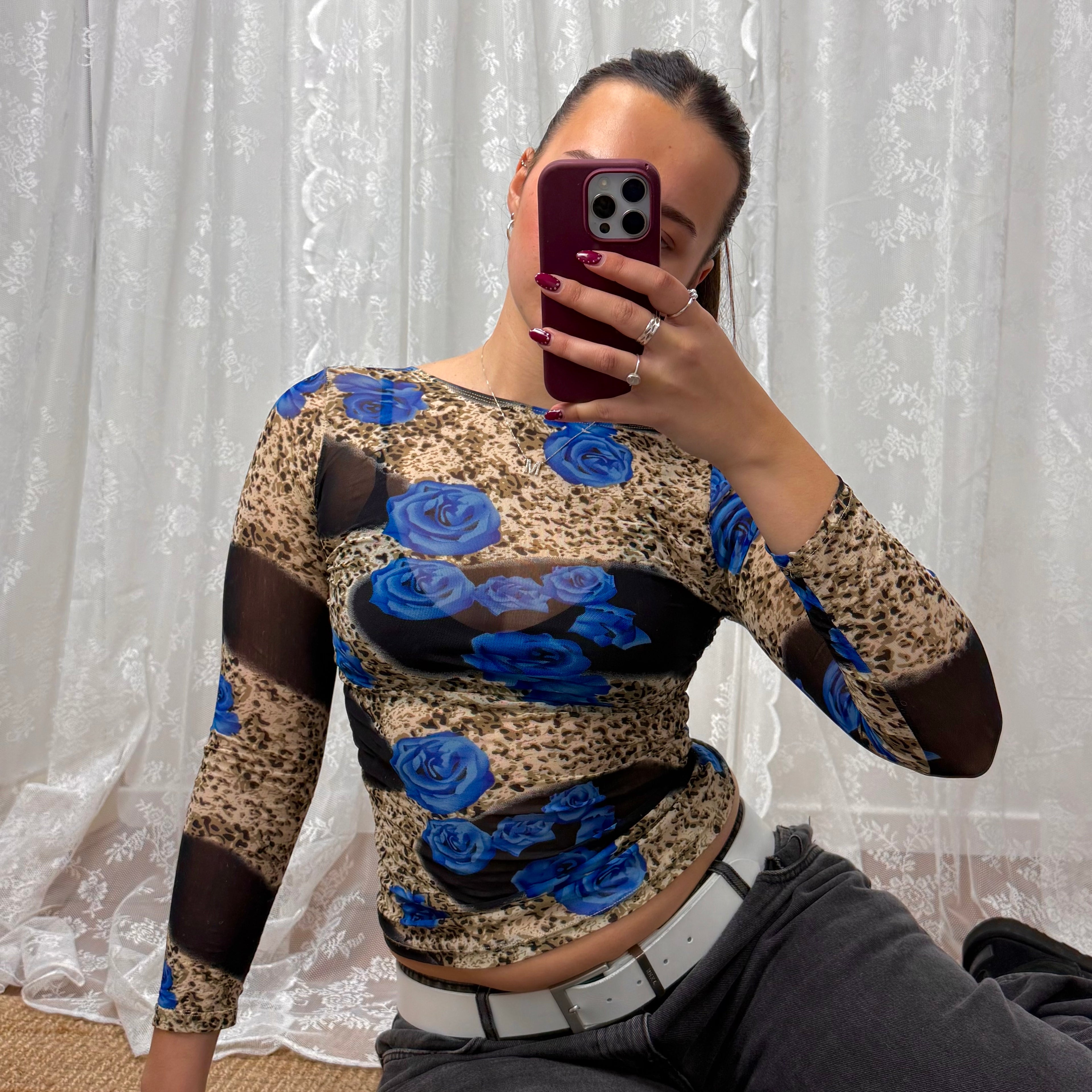 Multicoloured patterned mesh long sleeved top