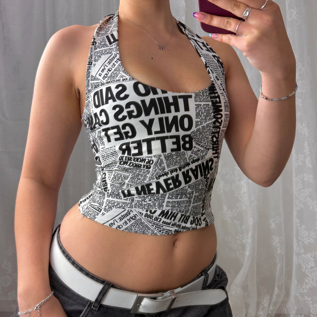 White and black newspaper style halterneck