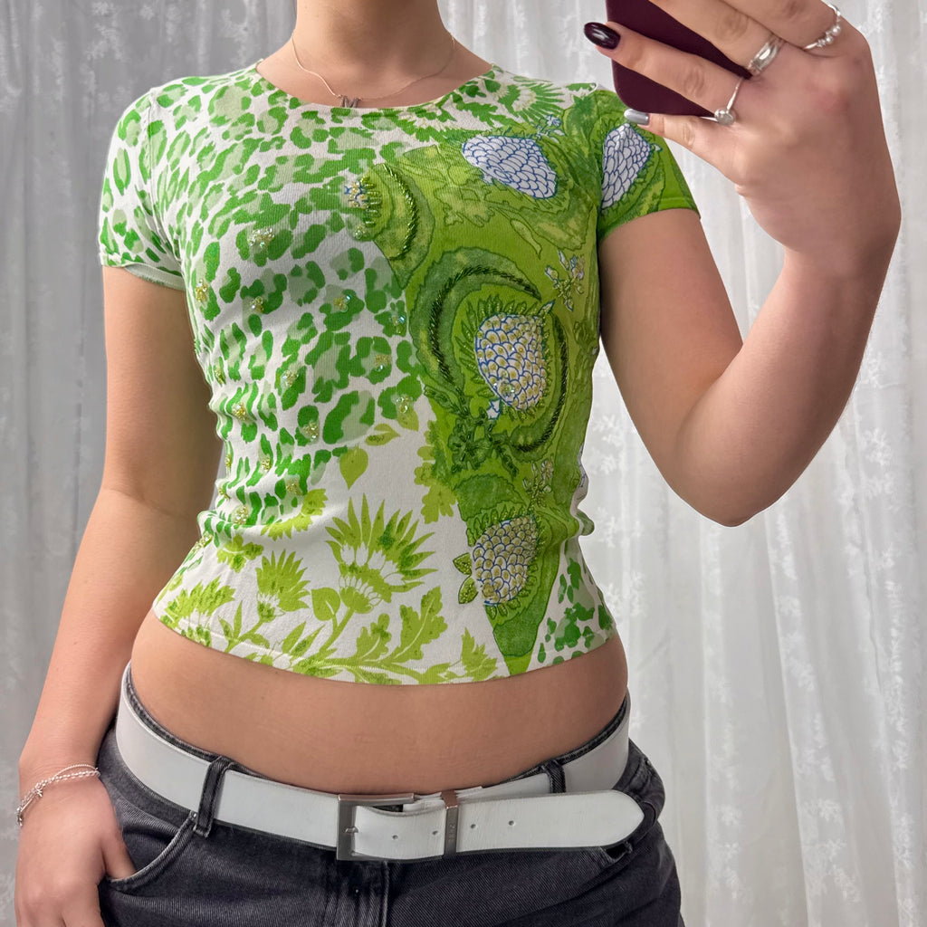 Green and white sequin baby tee