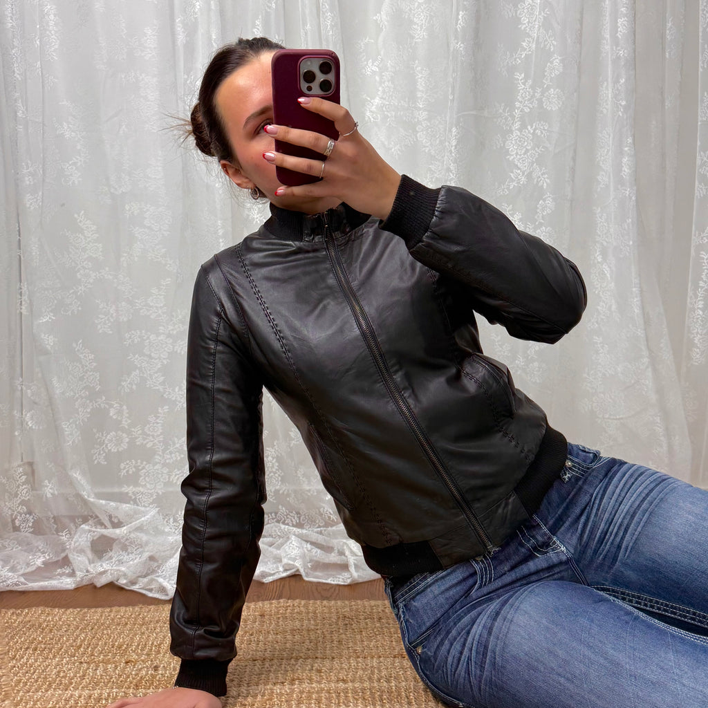 Black leather zip up bomber jacket