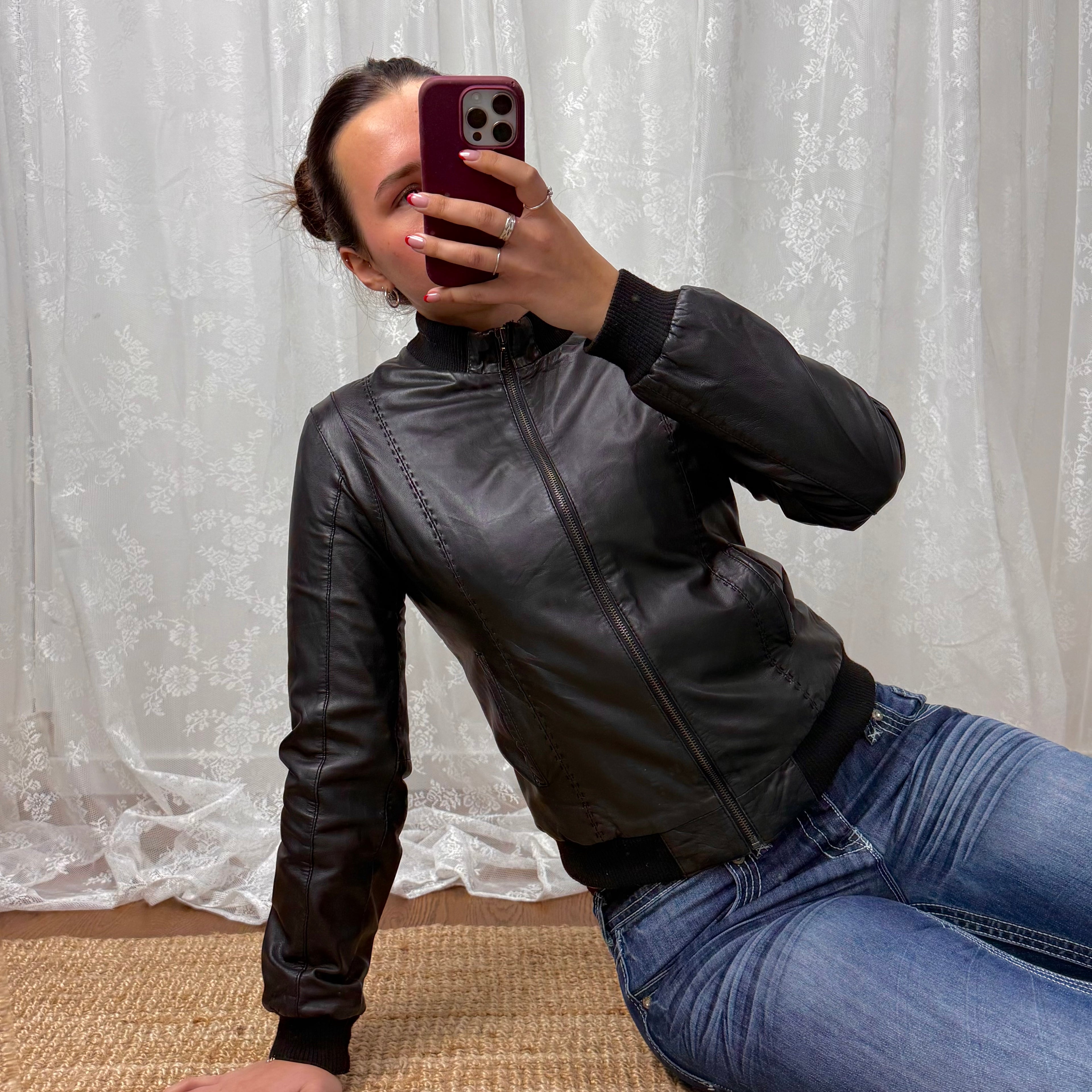 Black leather zip up bomber jacket