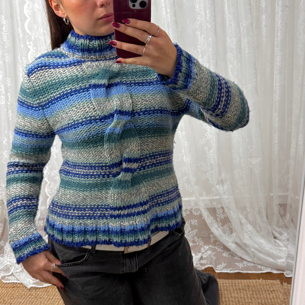 Blue and grey knit jumper with rope style detailing
