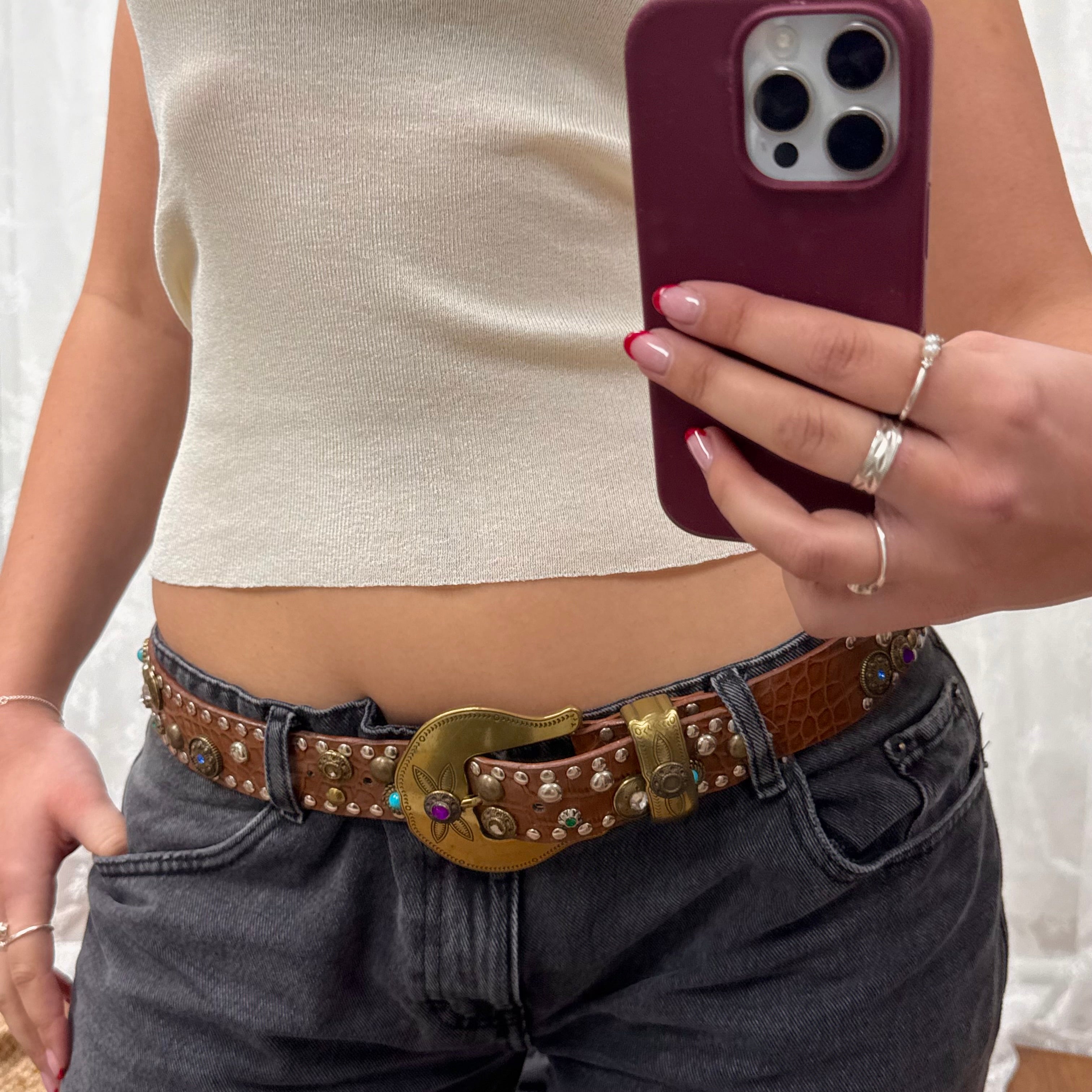 Brown gem buckle belt