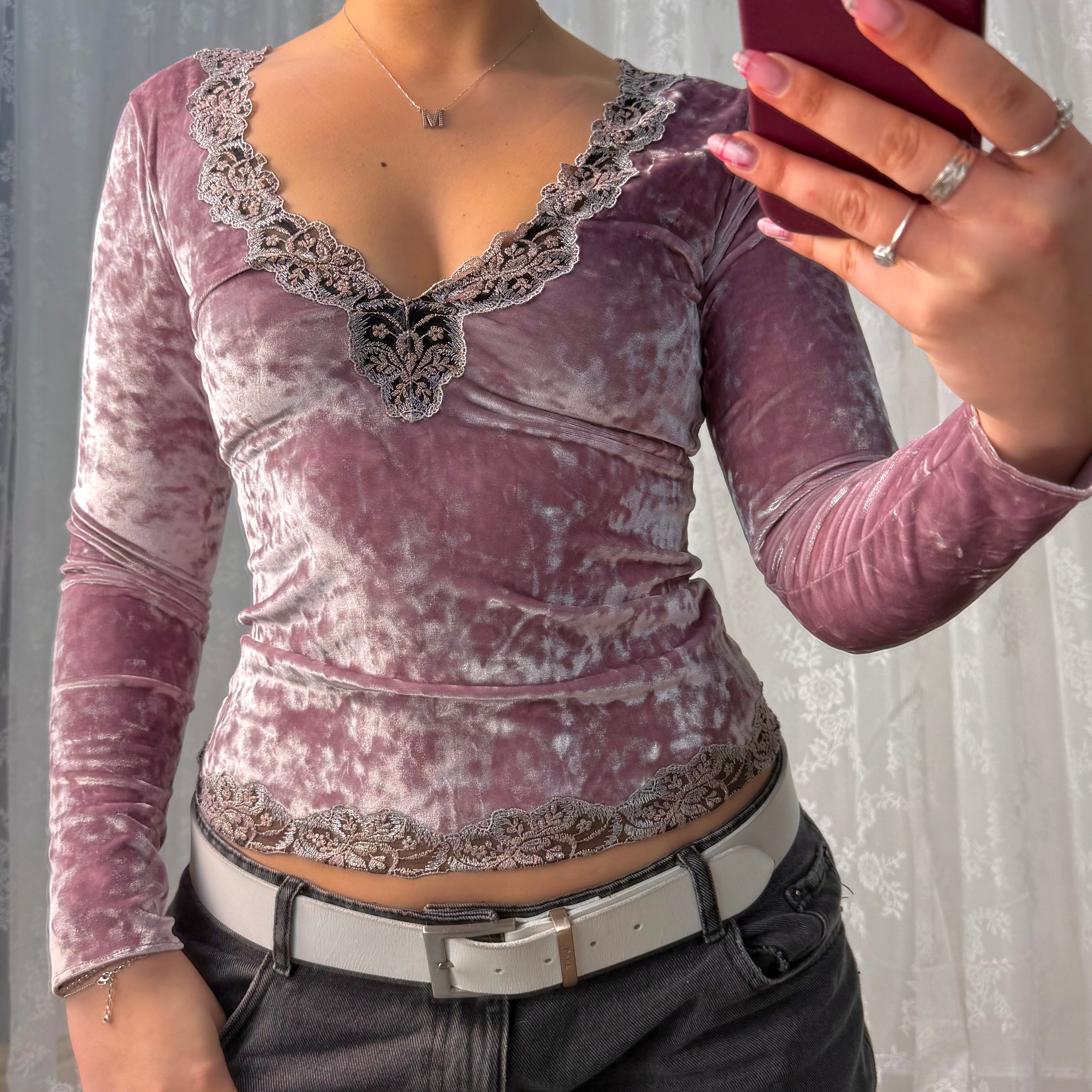 Pink velvet lace long sleeved top