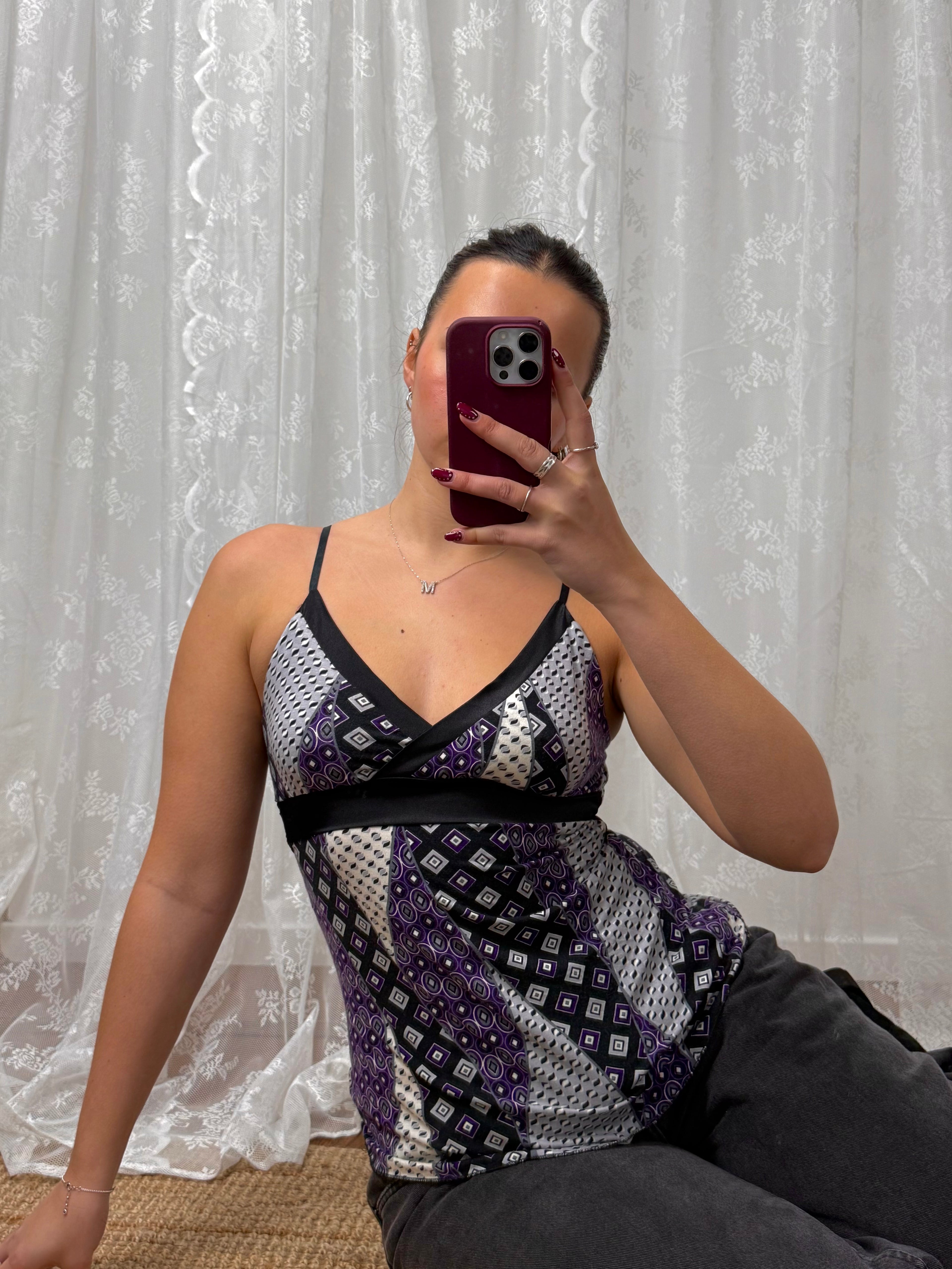 Black and purple patterned cami top with tie back detail
