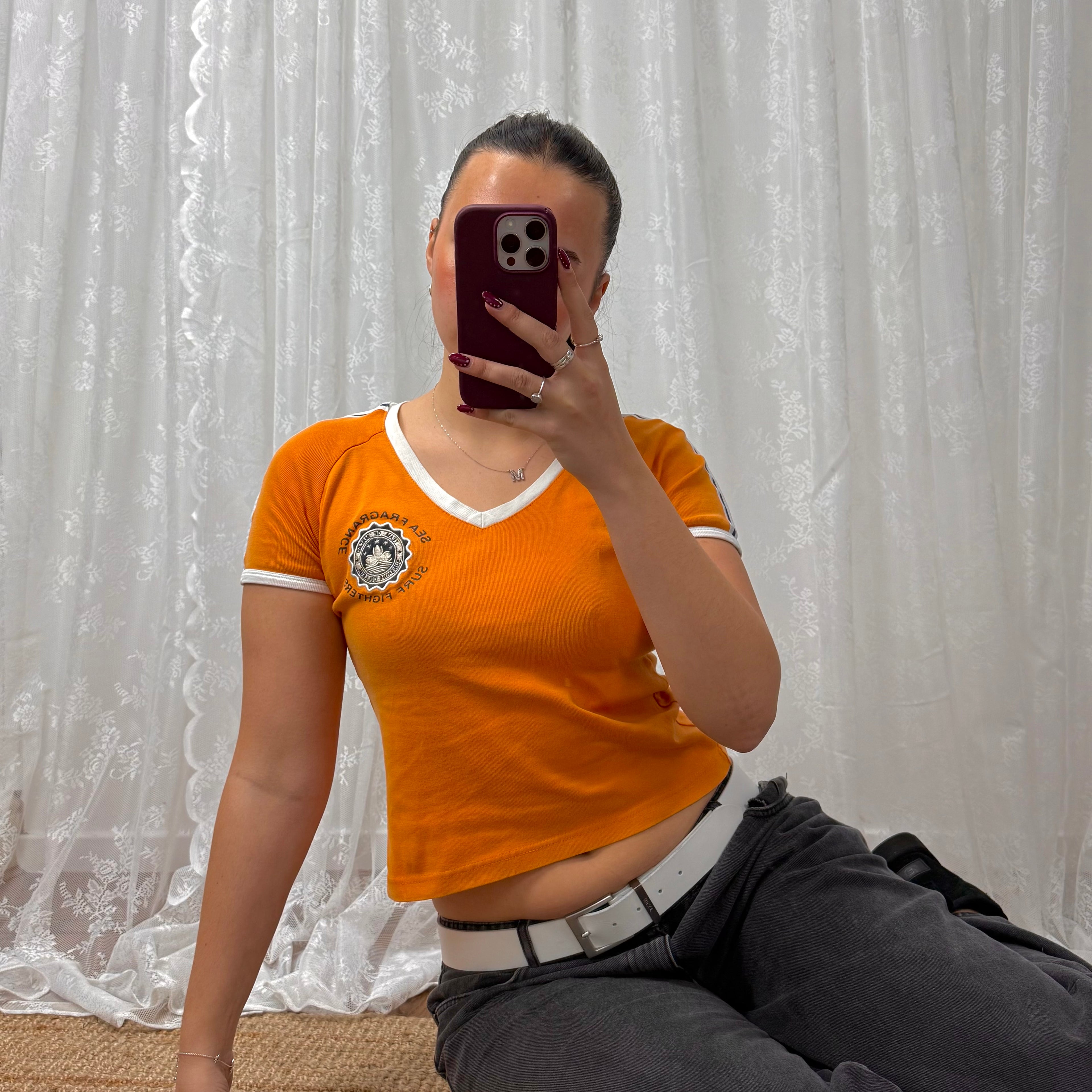 Orange and white v neck baby tee