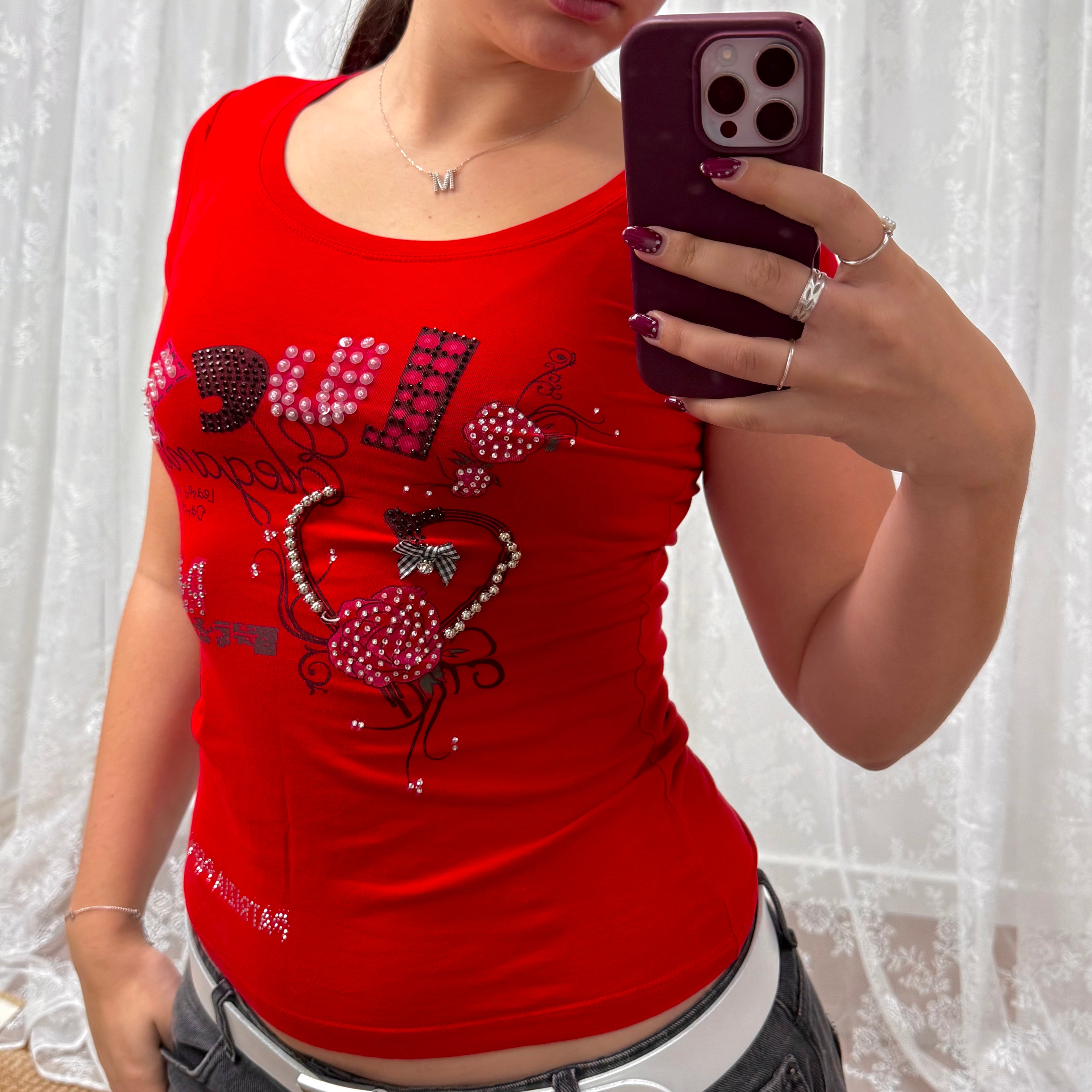 Red detailed sequin baby tee