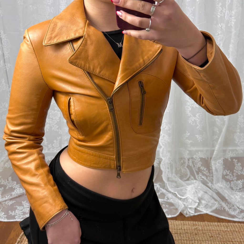 Tan cropped leather jacket with collared detail