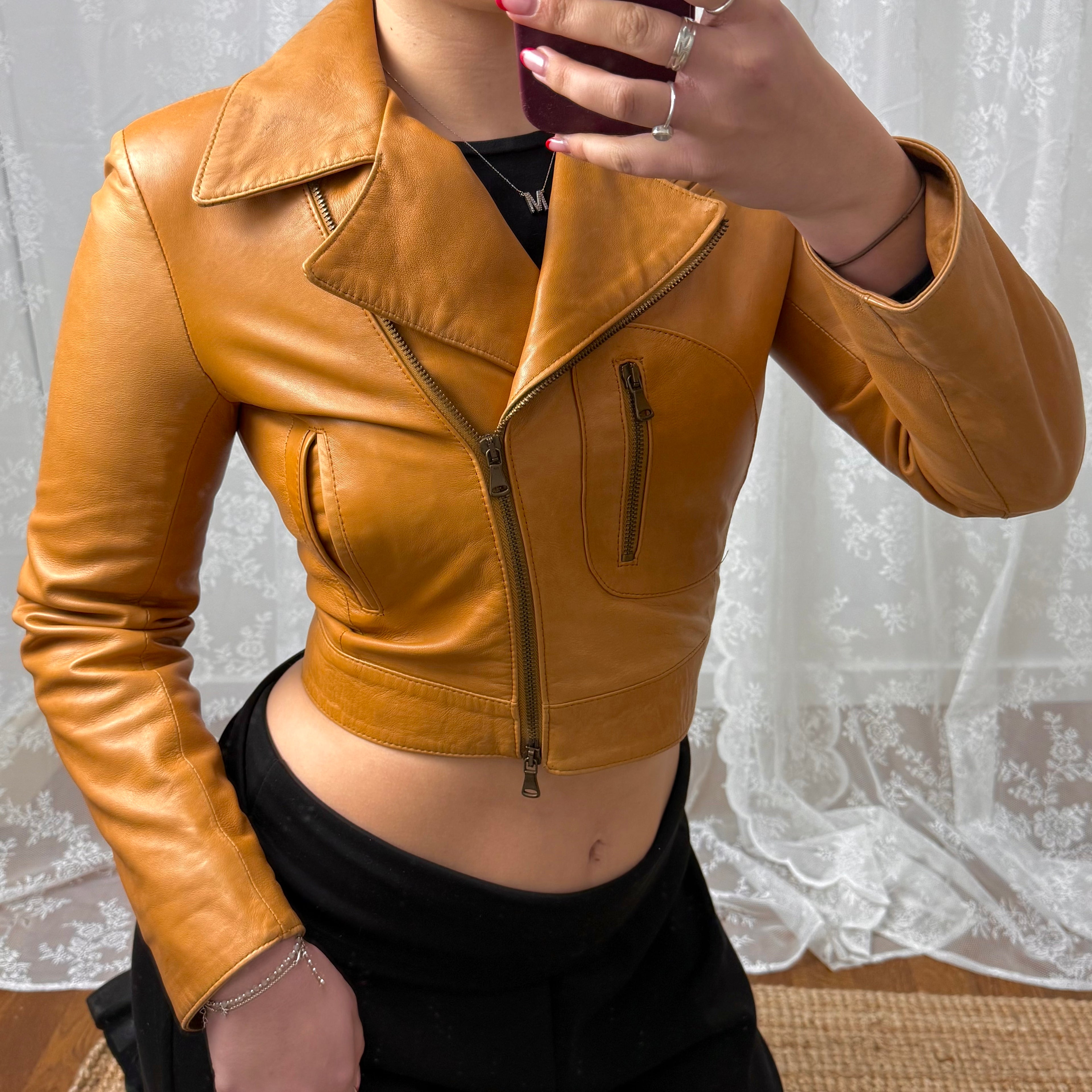 Tan cropped leather jacket with collared detail
