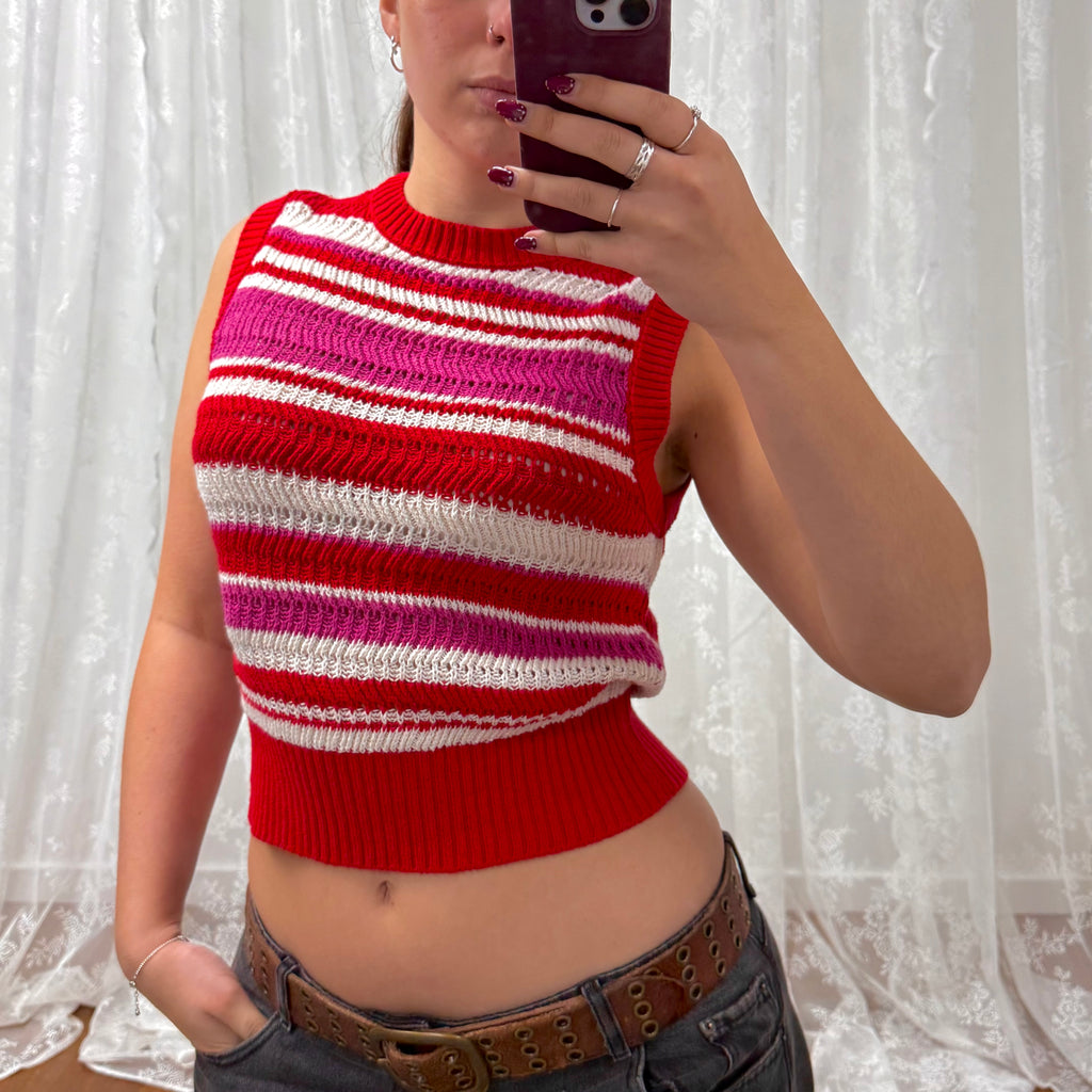 Pink and white knitted short sleeve sweater