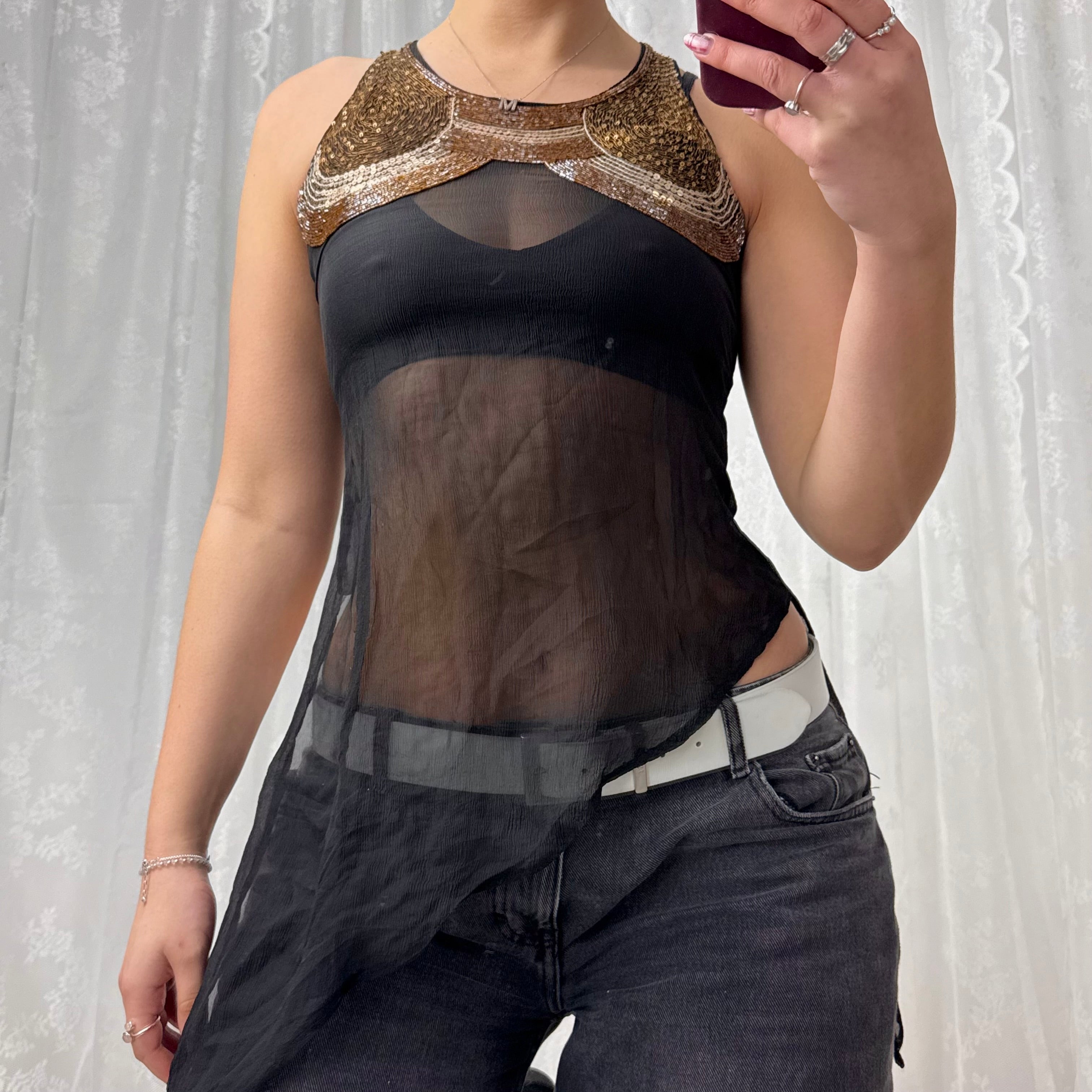 Black chiffon long lined beaded top