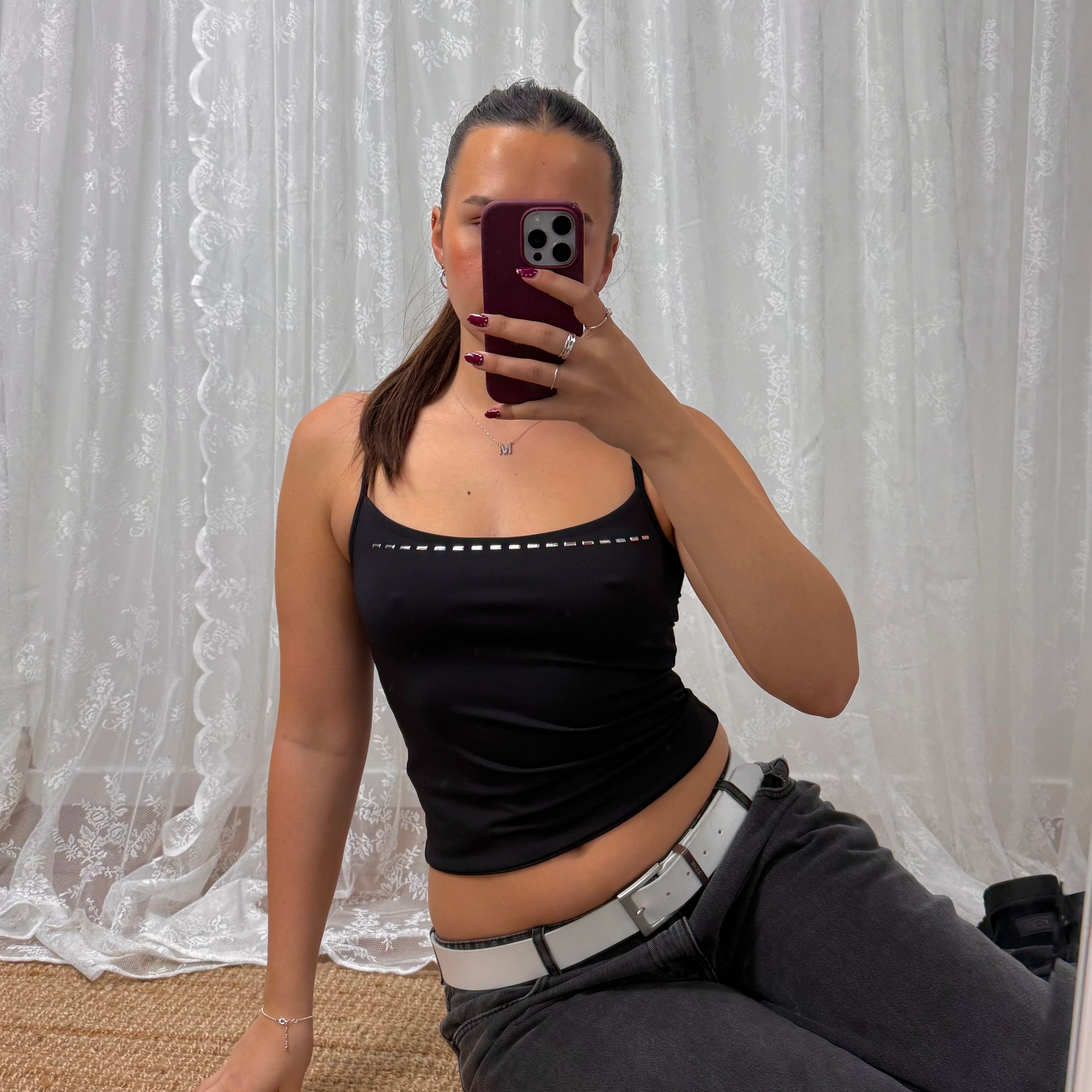 Black slinky crop top with silver pattern