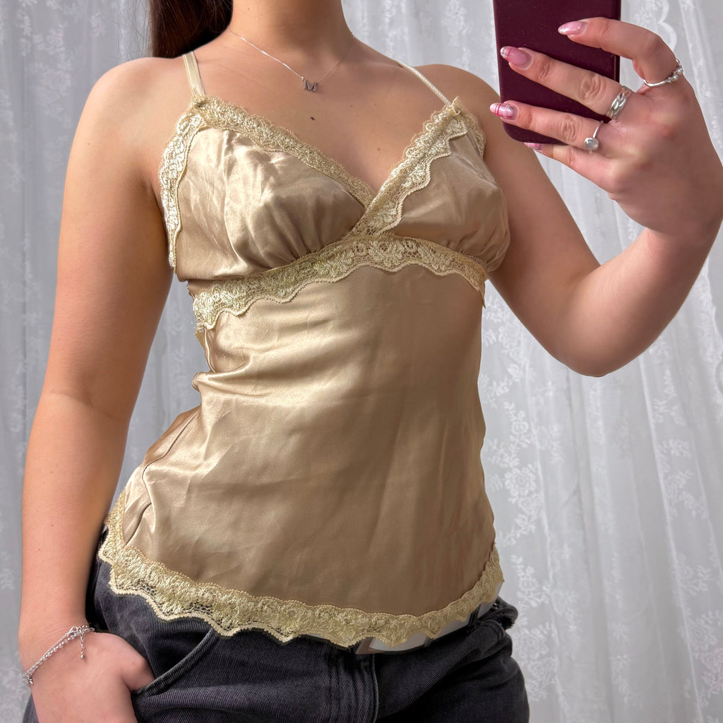 Gold satin and lace trim cami top with tie at the back