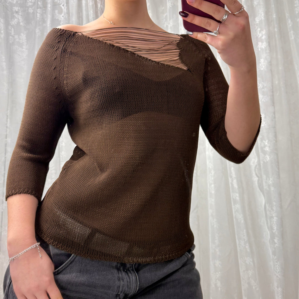 Brown crotchet detailed sweater