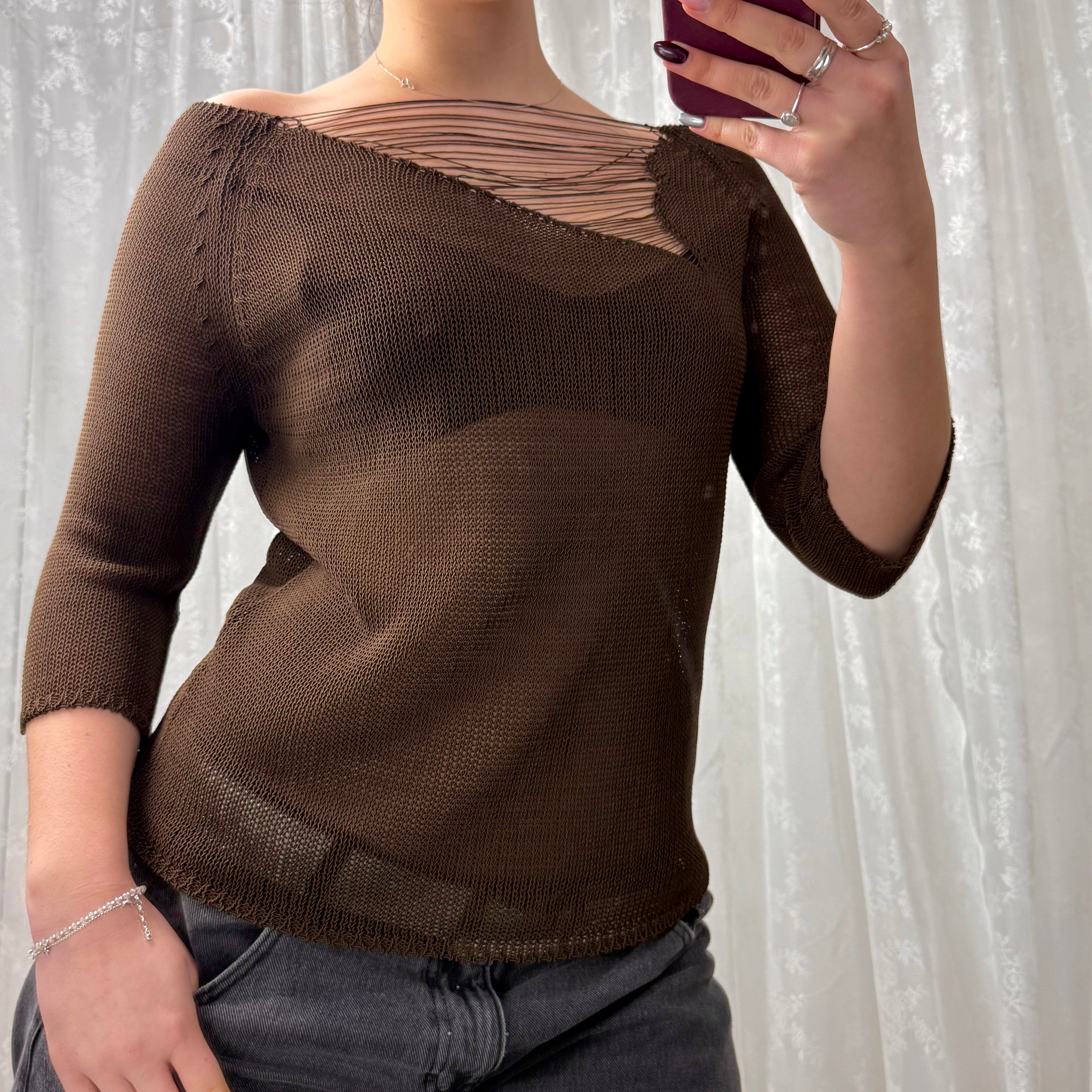 Brown crotchet detailed sweater