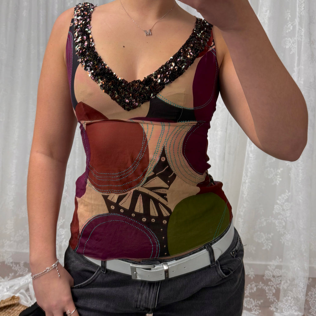 Multicoloured sequin mesh cami top