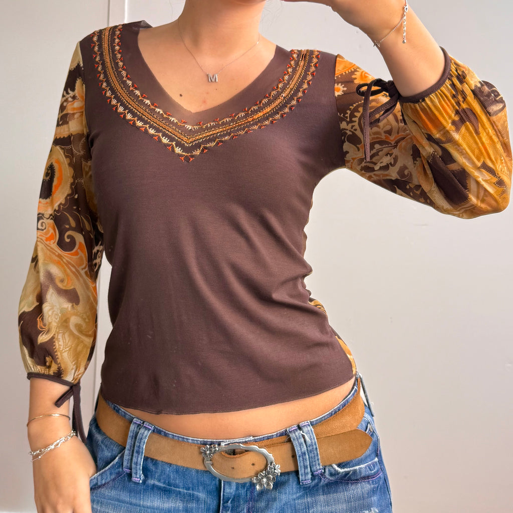 Brown mesh v neck long sleeved sequin top