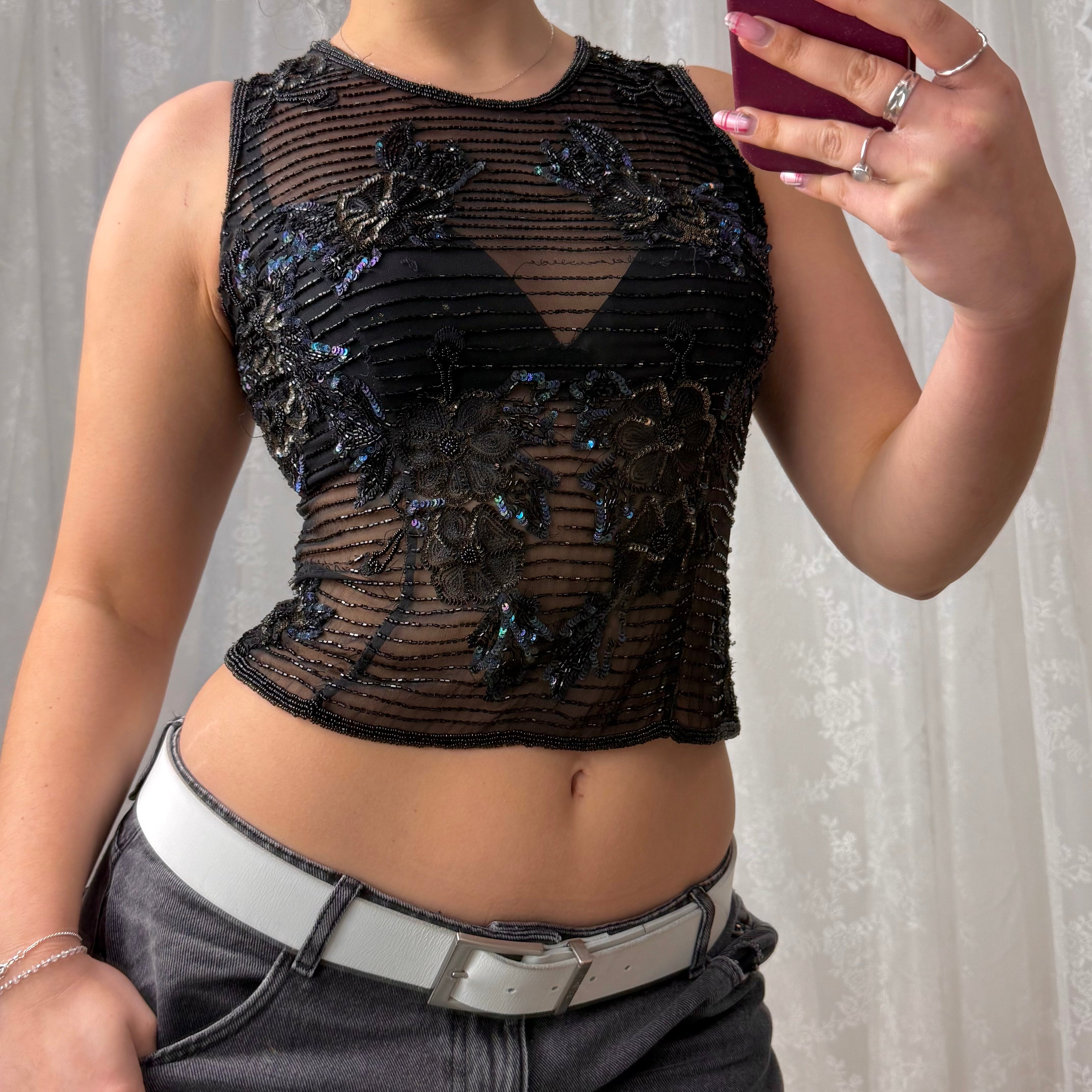 Black sequin beaded silk top