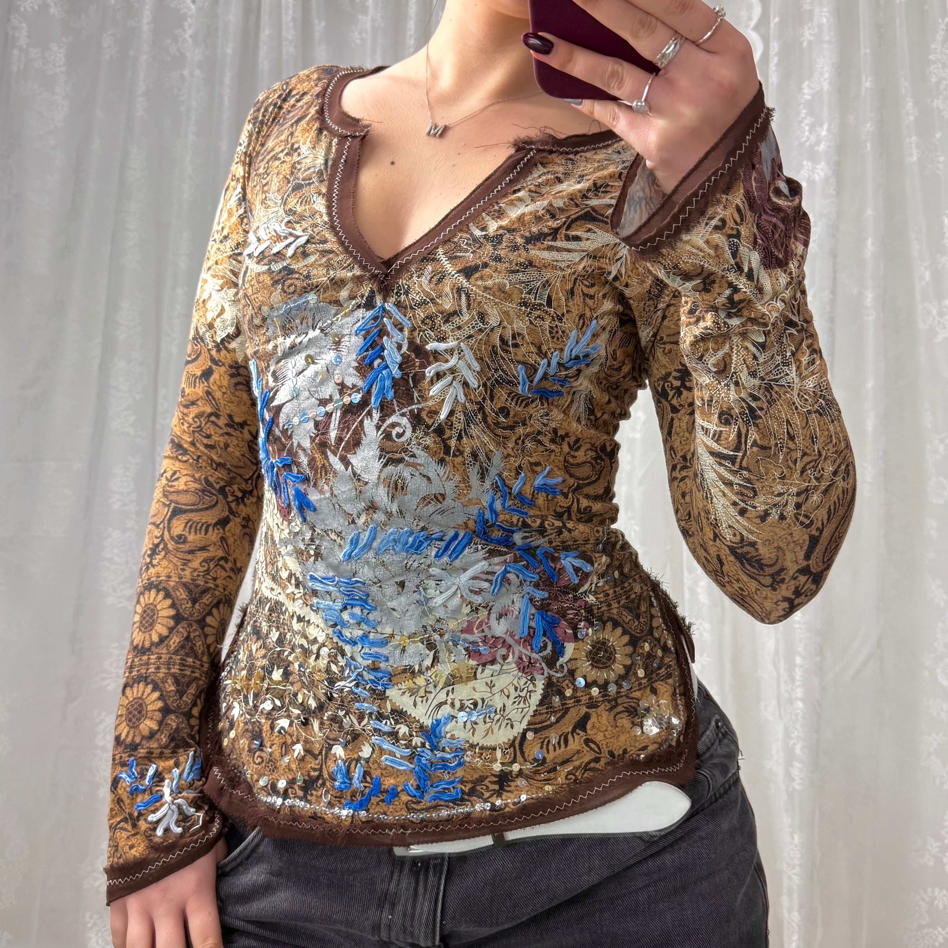 Brown patterned v neck sequin long sleeved top