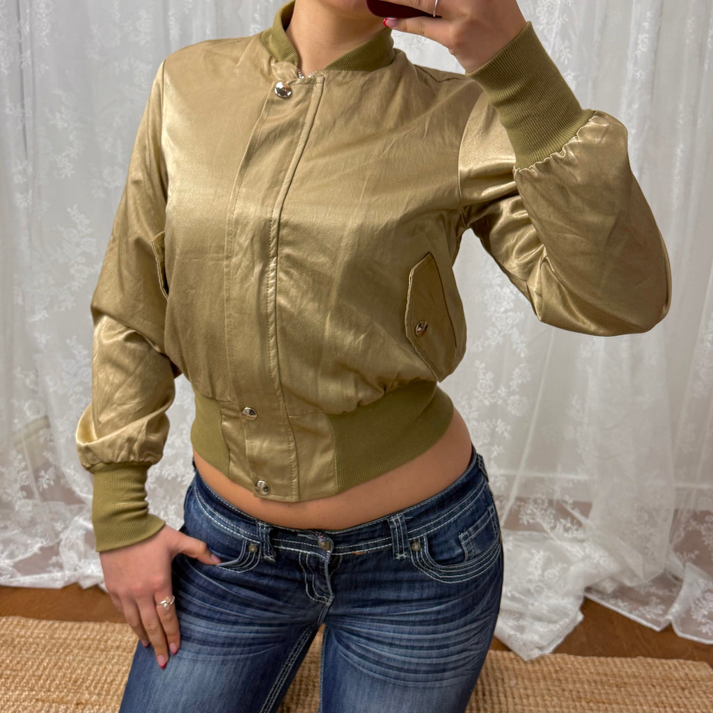 Green shiny satin bomber jacket